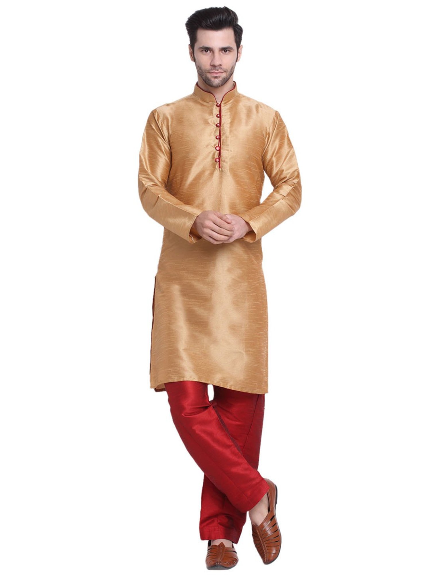 Benstoke Gold & Maroon Regular Fit Straight Kurta & Pyjamas Set