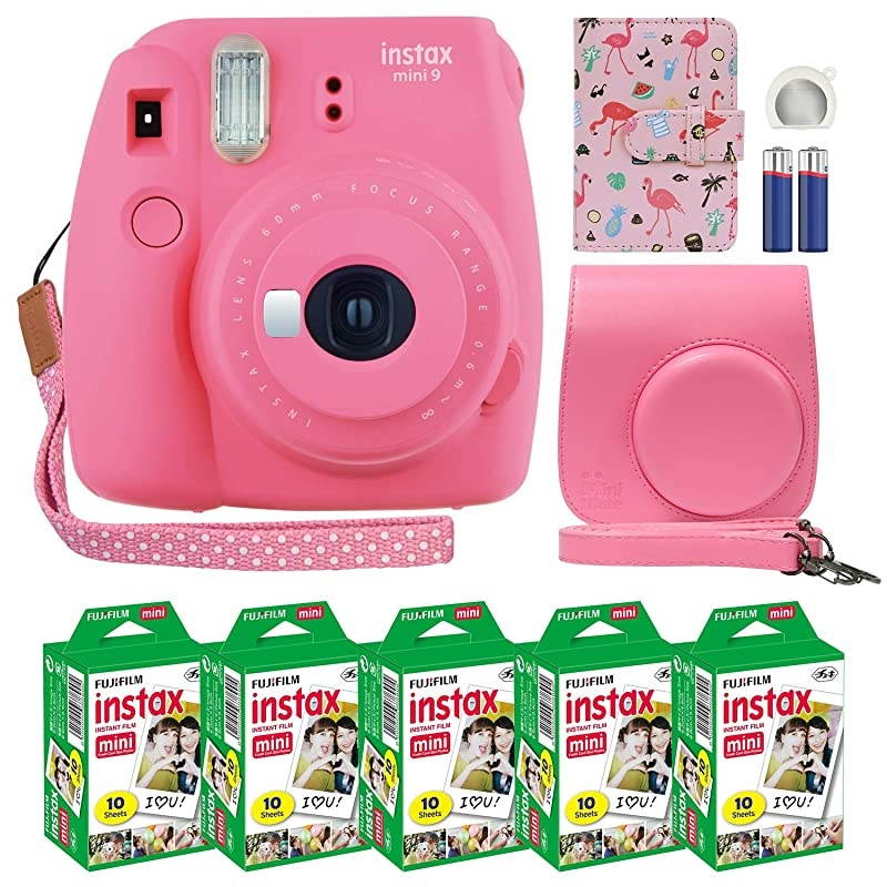 Instax Mini 9 Instant Camera Flamingo Pink with Custom Case + Fuji Instax Film Value Pack 50 Sheets Flamingo Designer Photo Album for Fuji instax Mini 9 Photos