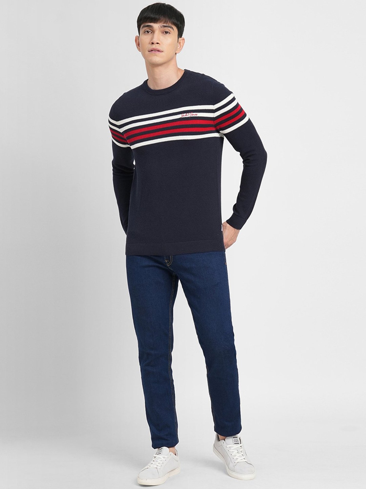 Jack & Jones Navy Blue Cotton Slim Fit Striped Sweater