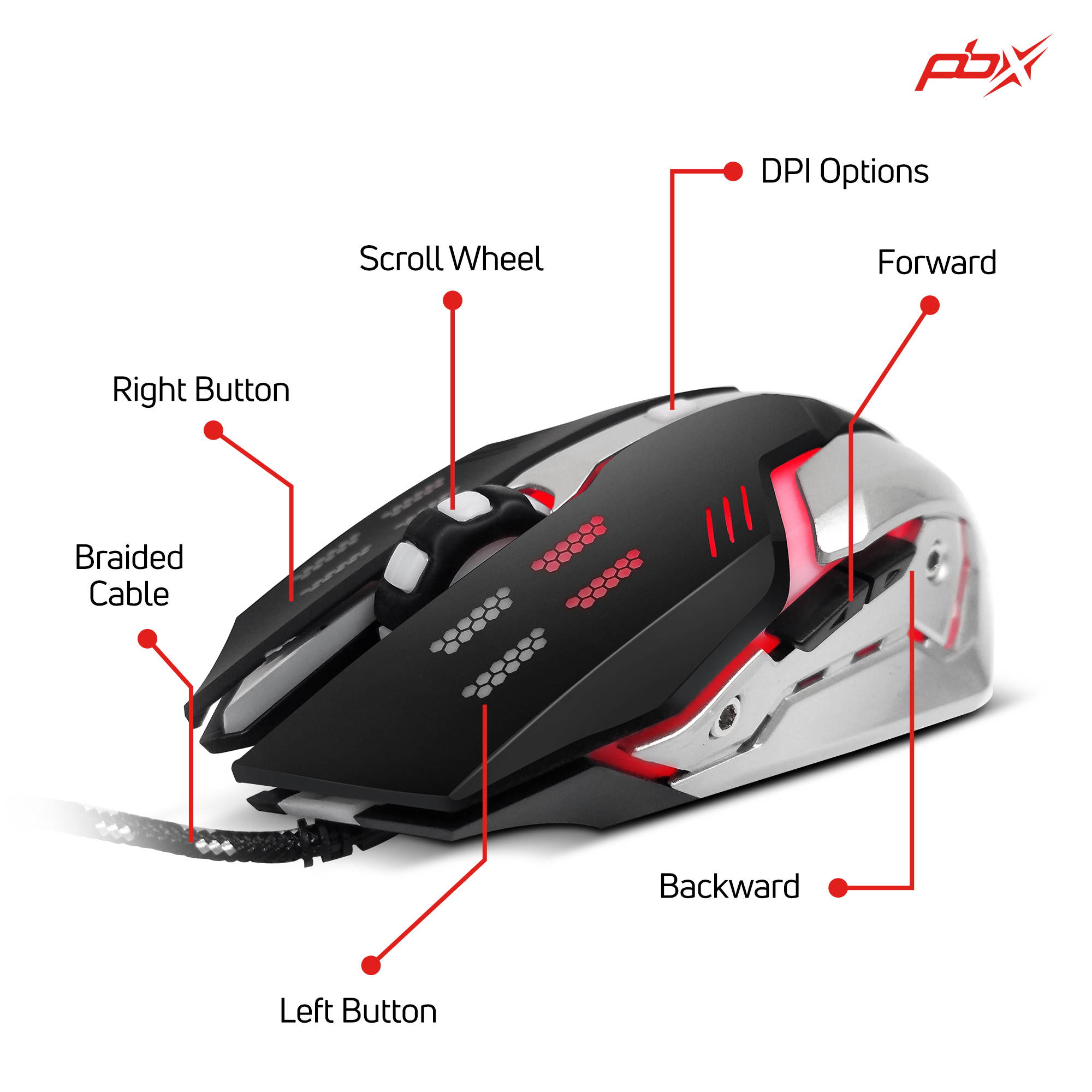 PBX Gladiator Wired Gaming Mouse - High-Precision 6D Computer Gaming Mouse - Mouse for Laptop with Adjustable DPI Settings - Corded PC Gaming Accessories for Gamers - 6' Cable, 4 LED Colored Backlight