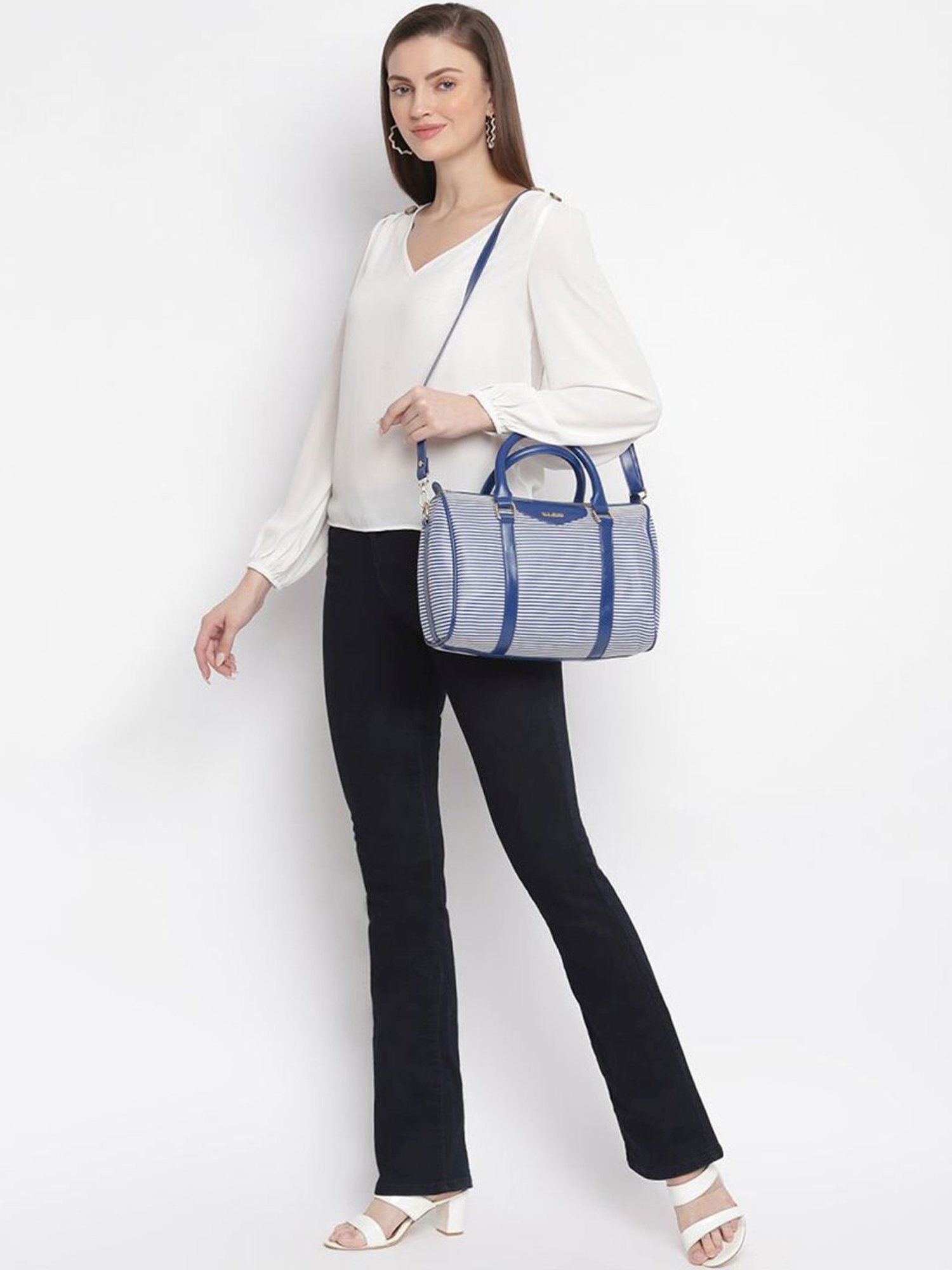 KLEIO Blue Striped Medium Bowler Handbag