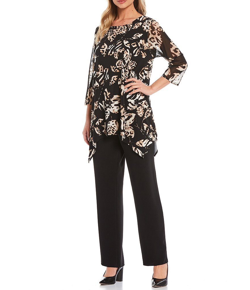 Caroline Rose 3/4 Mesh Sleeve Animal Floral Motif Tunic