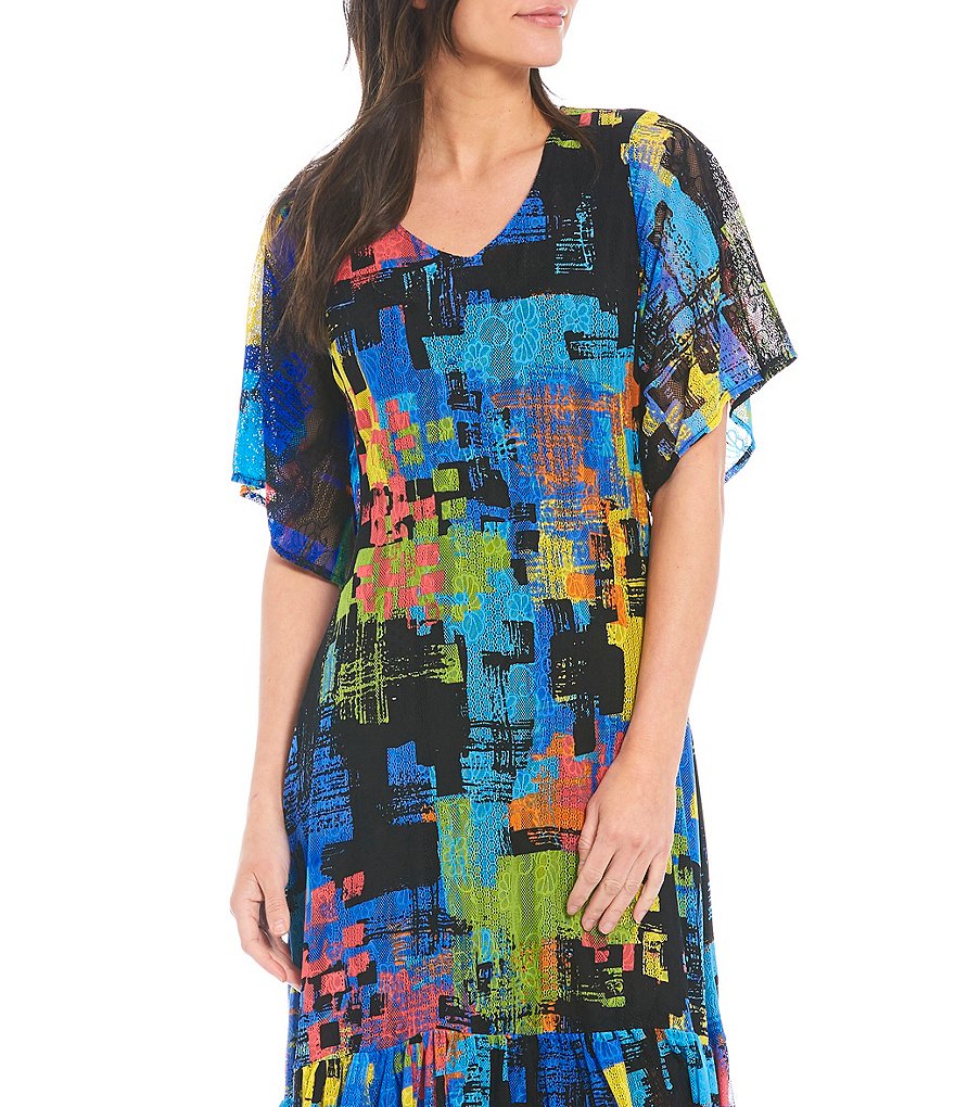 Calessa Abstract Multi Color Mesh Midi Dress