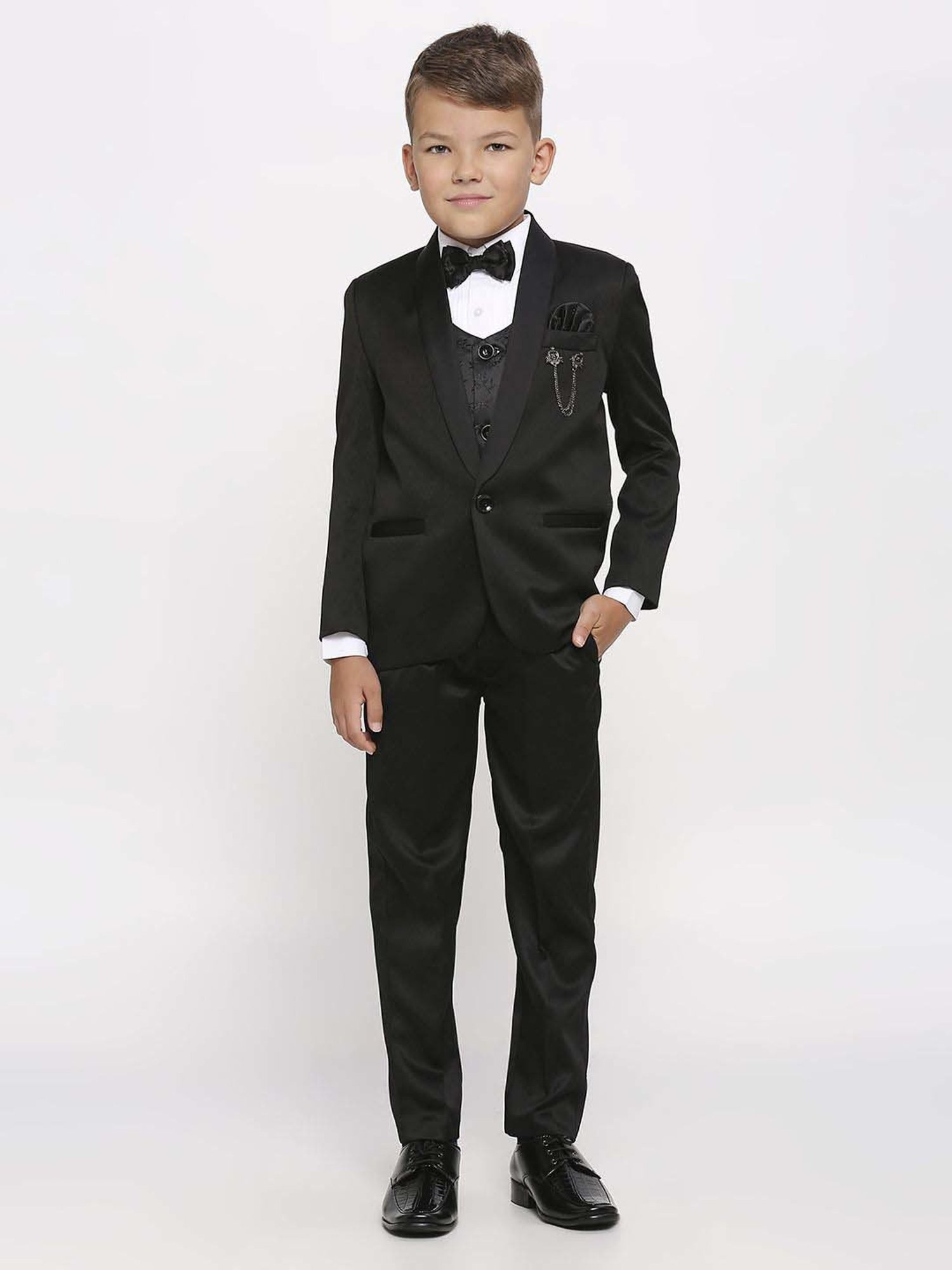 Kids Island Boys Black & White Jacquard Full Sleeves Suit Set