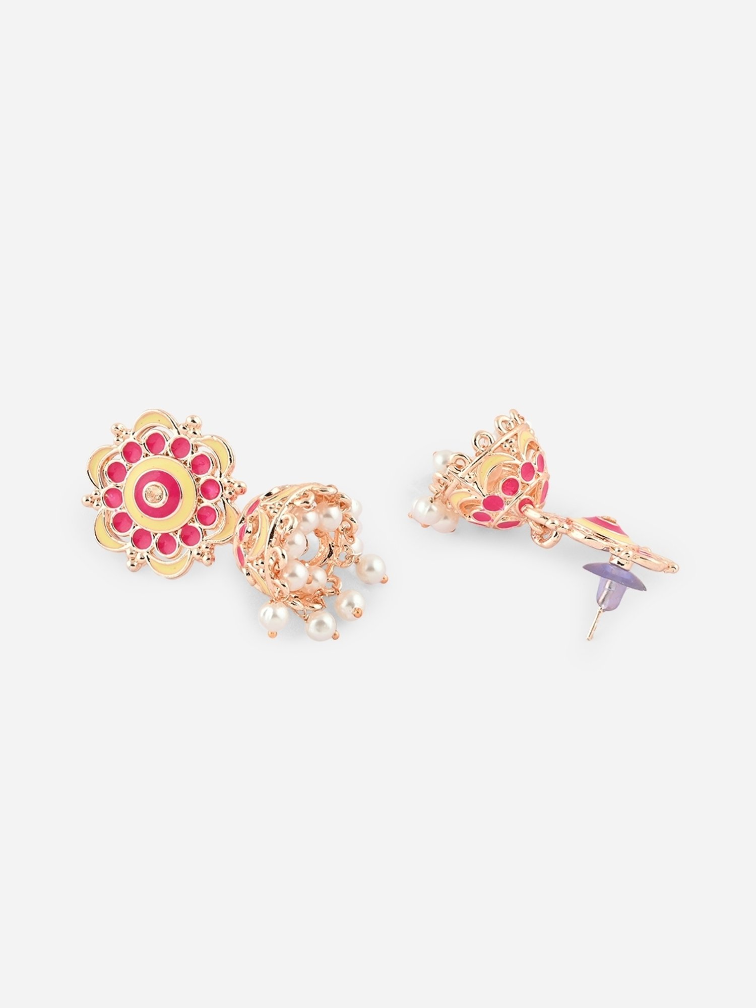 Fida Pink and Gold Plated Floral Pearl Meenakari Jhumki Earrings for Women
