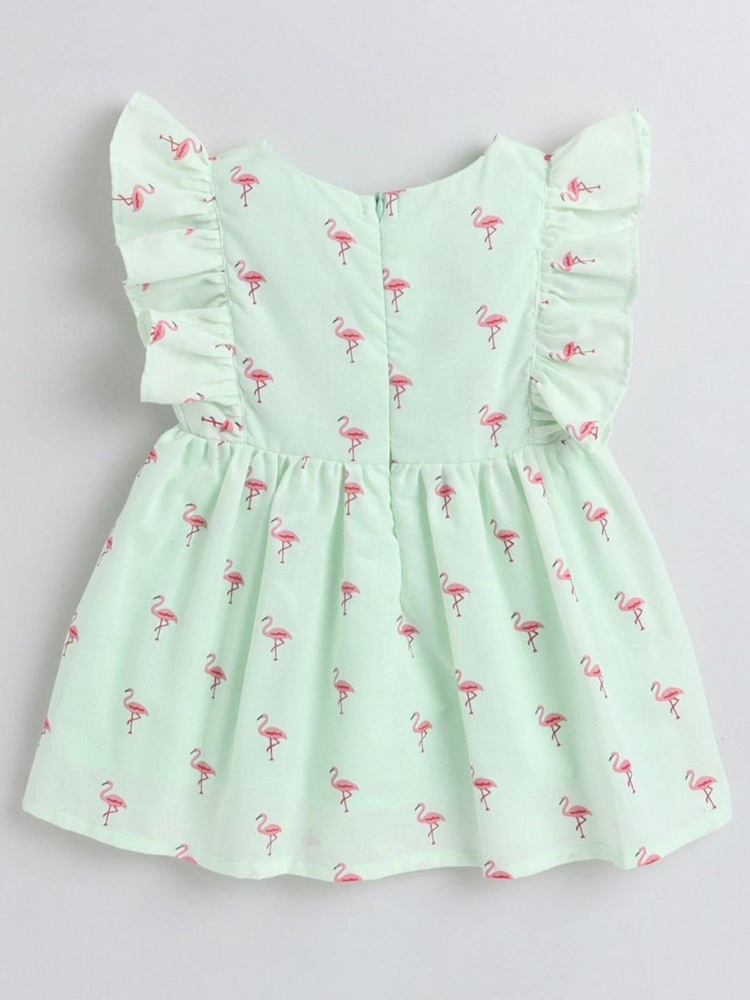Many Frocks Kids Green Cotton Flamingo Print Dress