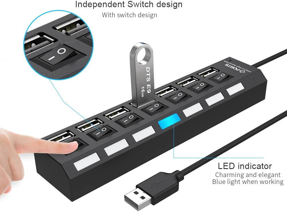 Multi Port USB Splitter, 7-Ports USB 2.0 Hub High Speed ON/Off Individual Switch with LEDs Compatible for All USB Device (7-Ports)