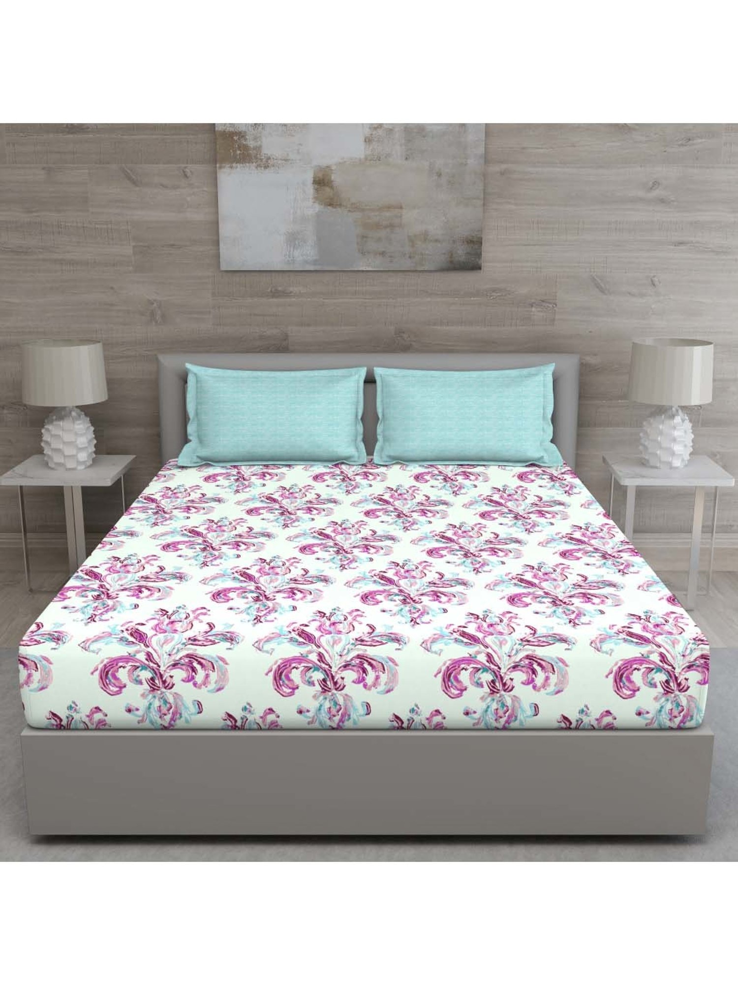 GM 'Matthiola' Sage Green & Pink Cotton 150 TC Double Bedsheet with 2 Pillow Covers