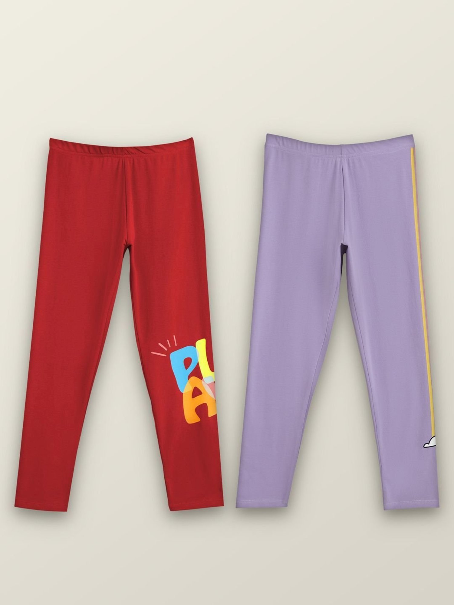 XY Life Kids Red & Purple Cotton Relaxed Fit Leggings (Pack of 2)