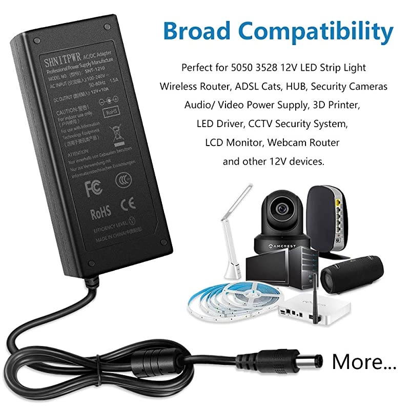 12V 10A 120W DC Power Supply Adapter 100V~240V AC to DC Converter 12 Volt 10 Amp Transformer 5.5x2.5mm Tip for 5050 3528 LED Strip Light 3D Printer LED Driver CCTV Security System LCD Monitor