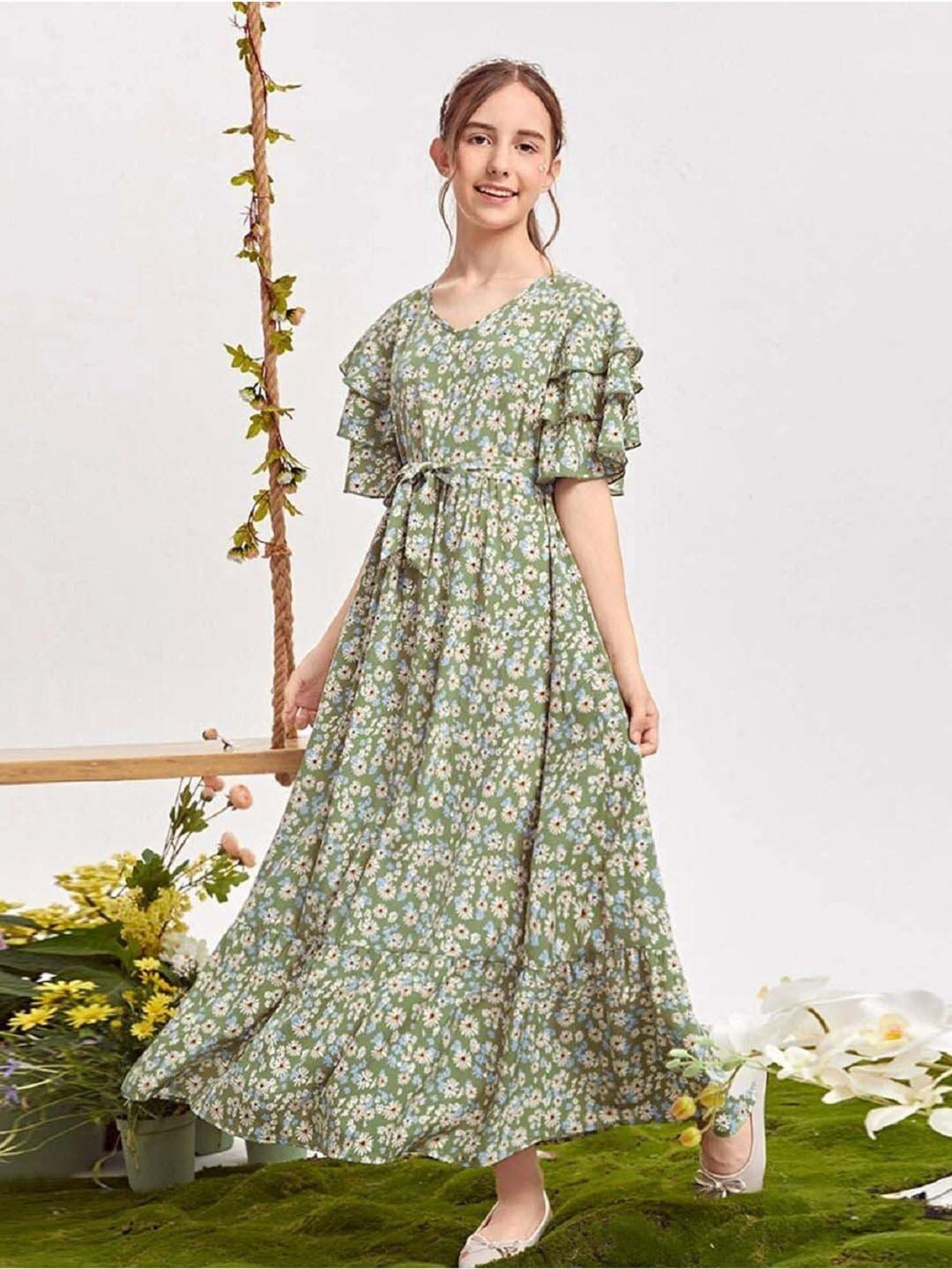Bolly Lounge Girls Pastel Green Floral Dress