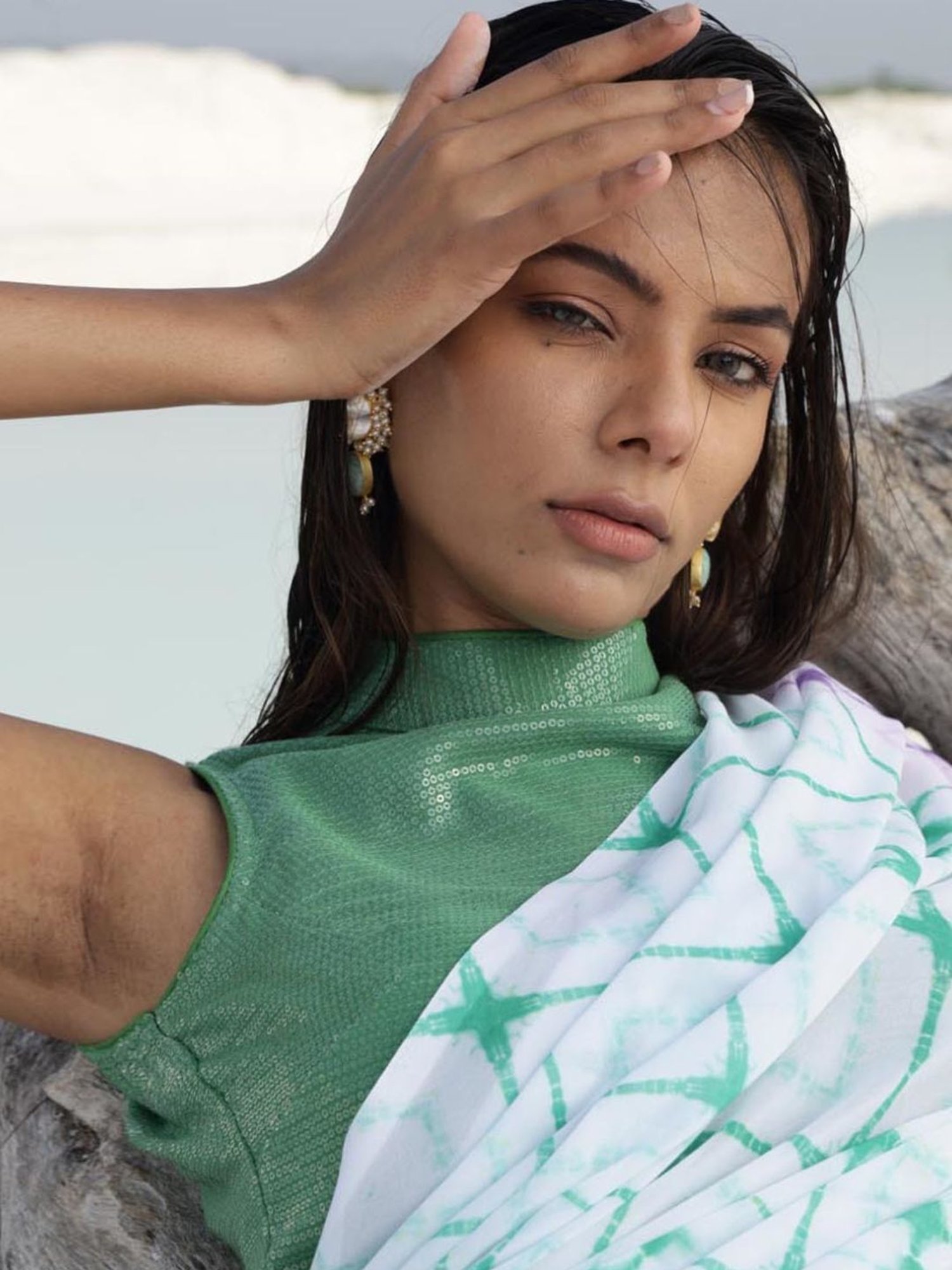 Monk and Mei Celestia Saree & Halter Neck Blouse - Green & Multi Colored