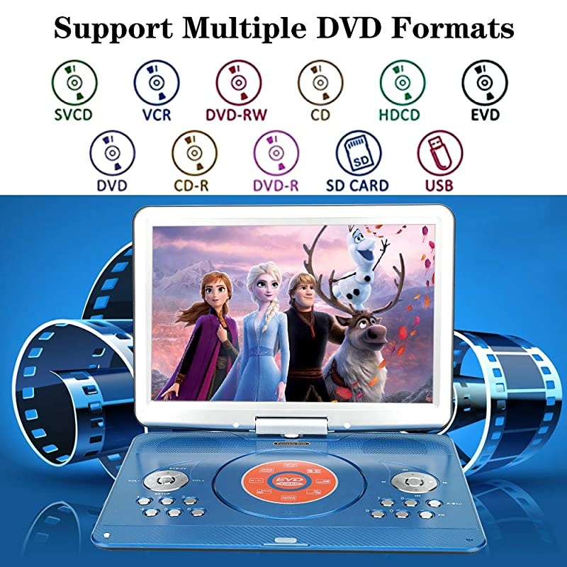 Portable DVD Player with Remote Controller, 14.1'' HD Swivel Large Screen DVD Player for car, 6 Hours Rechargeable Battery Supports SD Card, USB Port(Rose Gold)