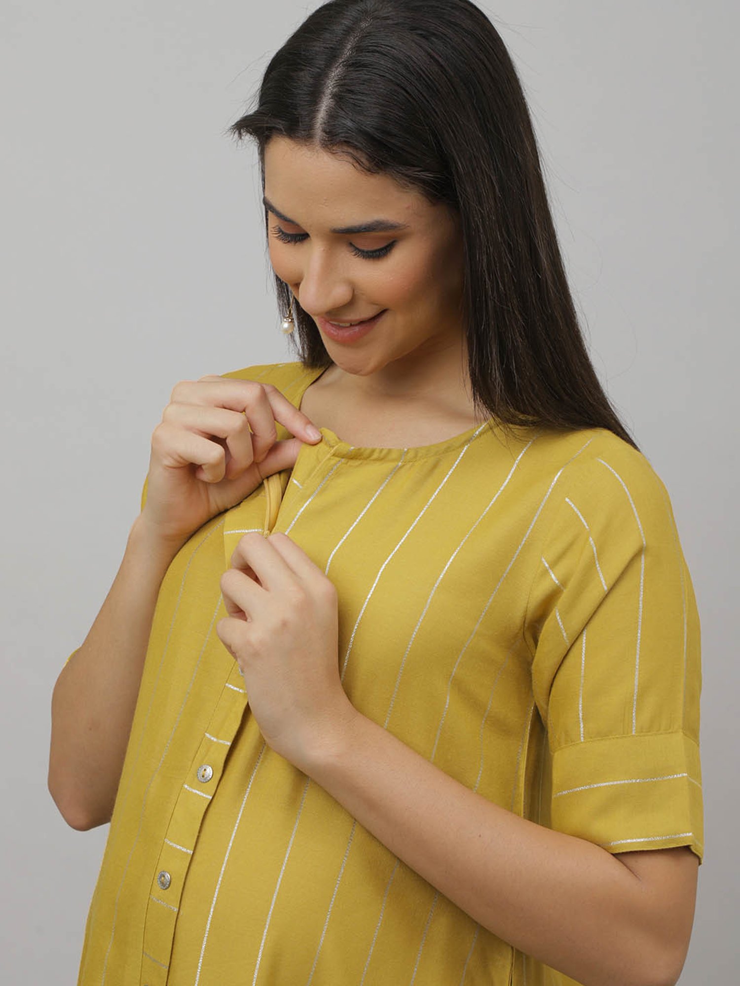 The Mom Store Yellow Striped Maternity & Nursing Kurta Pant Set