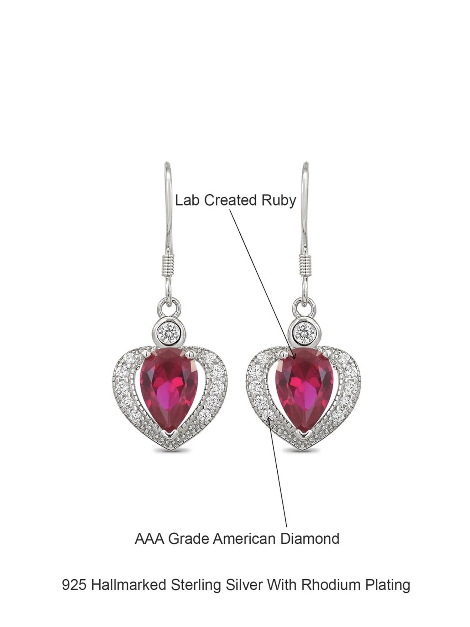 925 Silver Red Ruby and American Diamond Heart d Dangler Earrings for Women & Girls