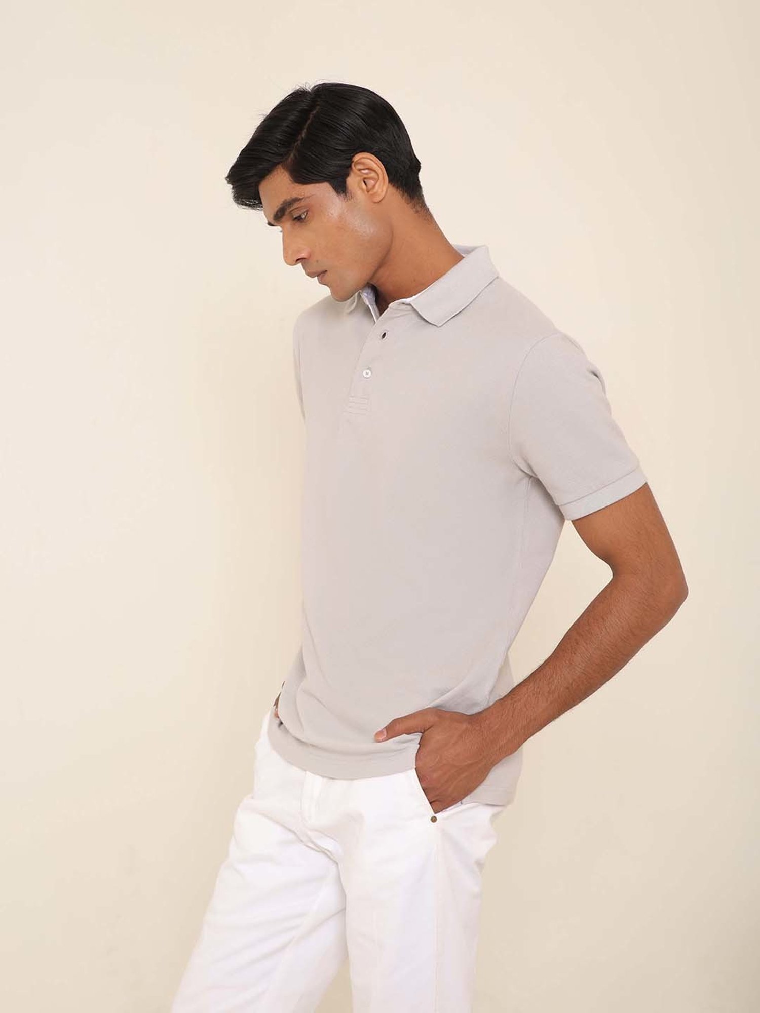 SUBTRACT Light Grey Regular Fit Cotton Polo T-Shirt