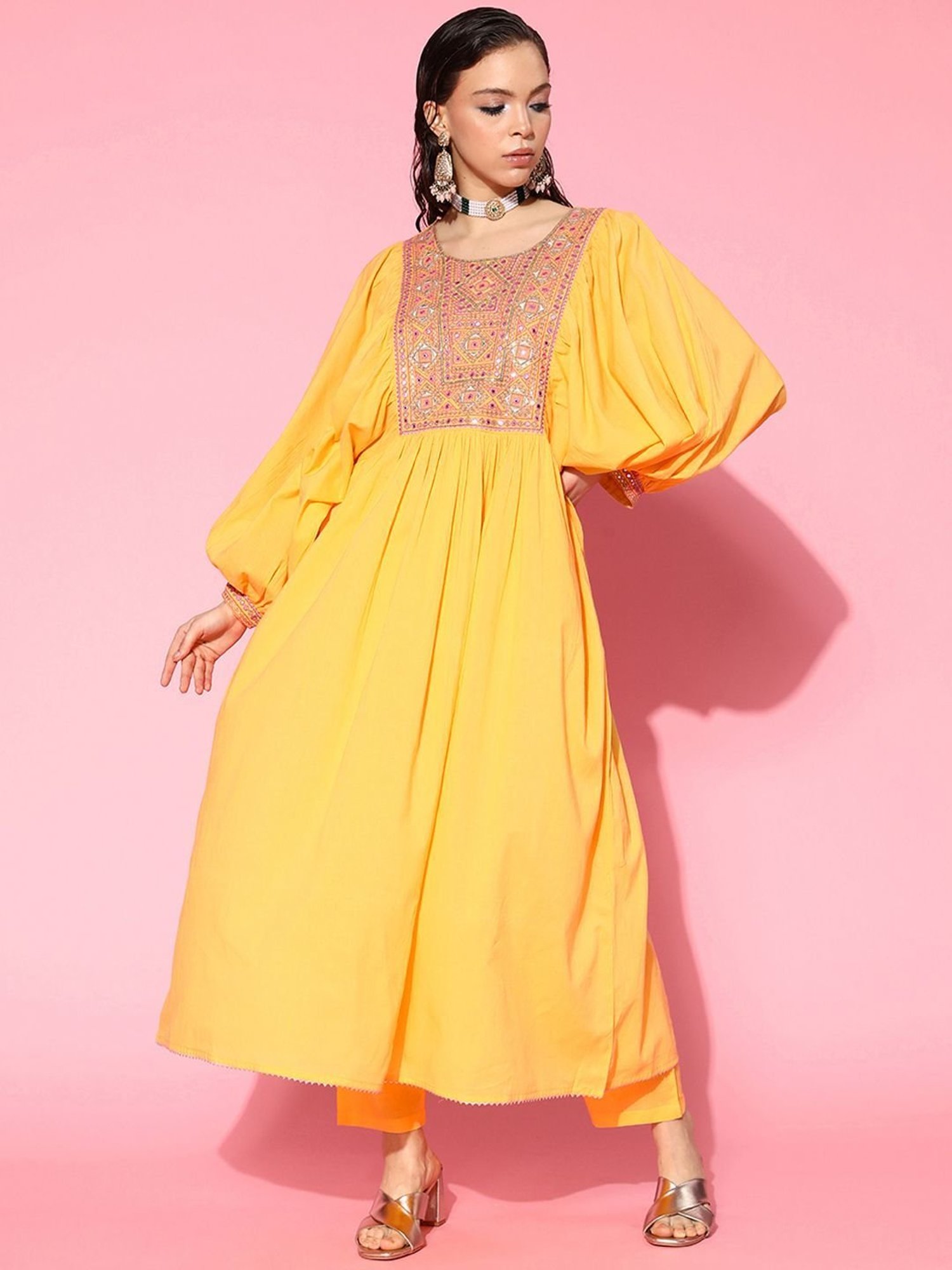 Prakrti Yellow Cotton Embroidered Kurta Pant Set
