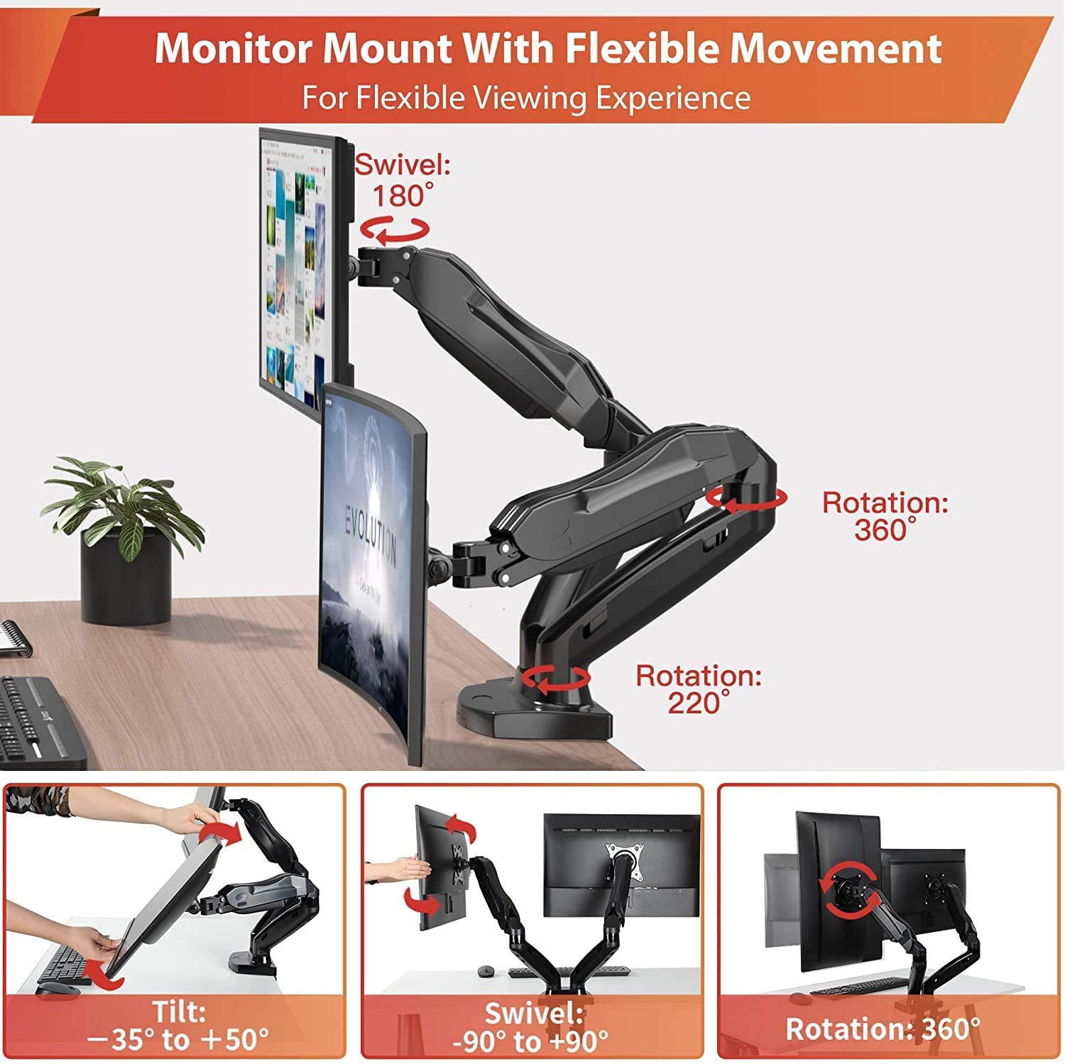 Dual Arm Monitor Desk Mount Stand, Adjustable Gas Spring, Swivel VESA Mount with C Clamp Grommet Mounting For Most 17-27 Inch Flat Curved Computer Screens up to 14.3lbs