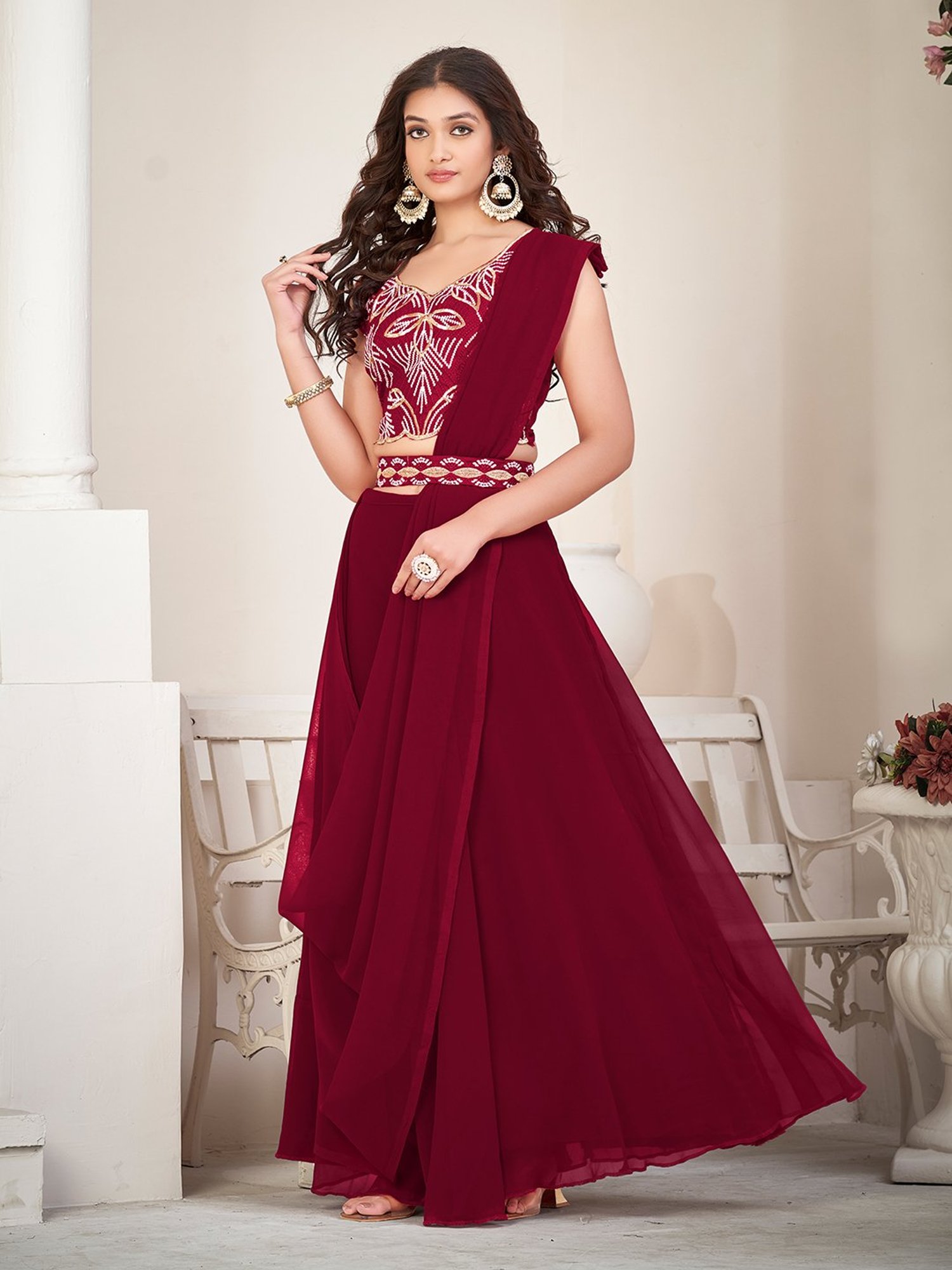 Warthy Ent Maroon Embroidered Lehenga Choli Set With Dupatta