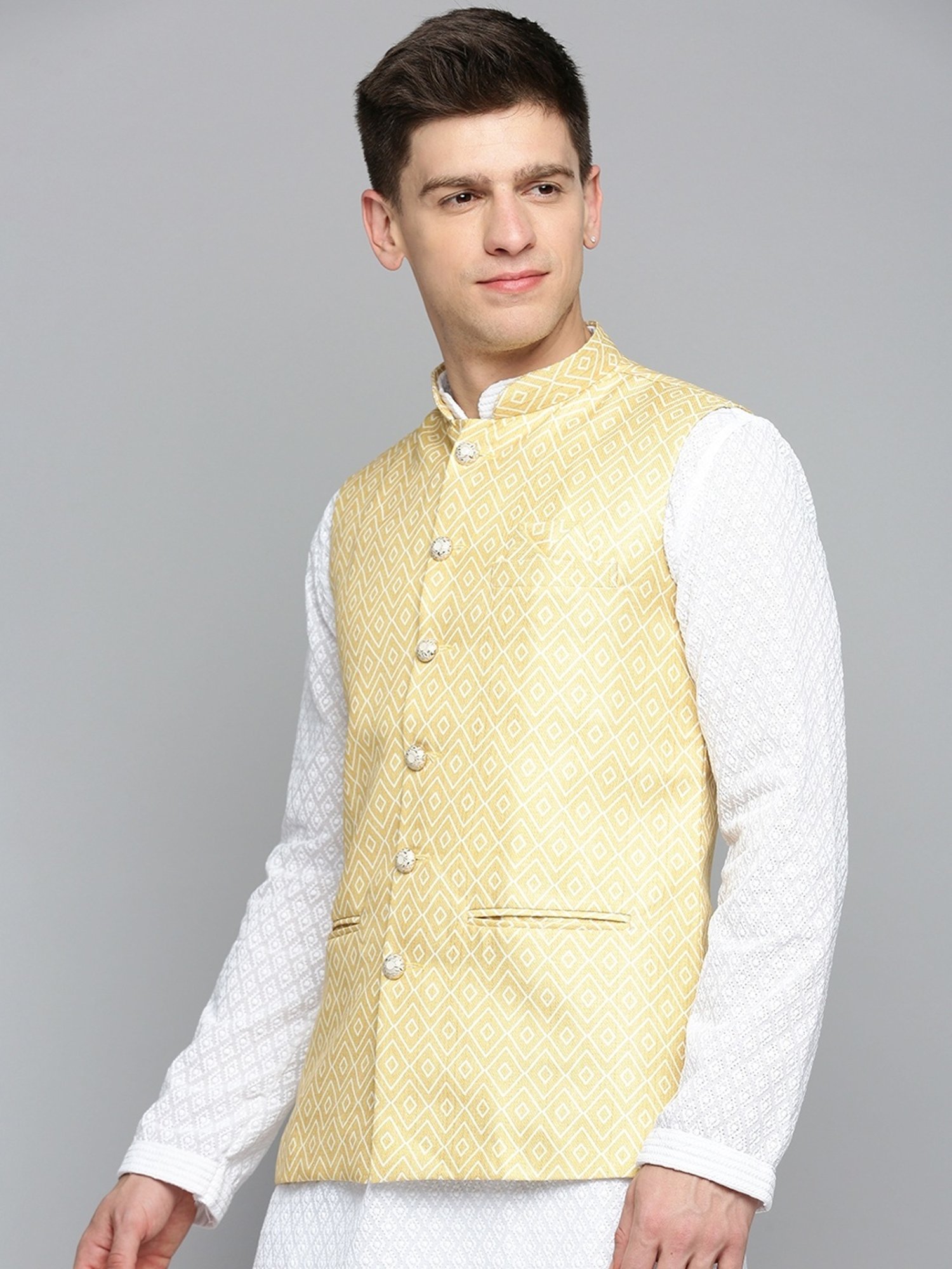 Showoff Yellow Regular Fit Printed Nehru Jacket