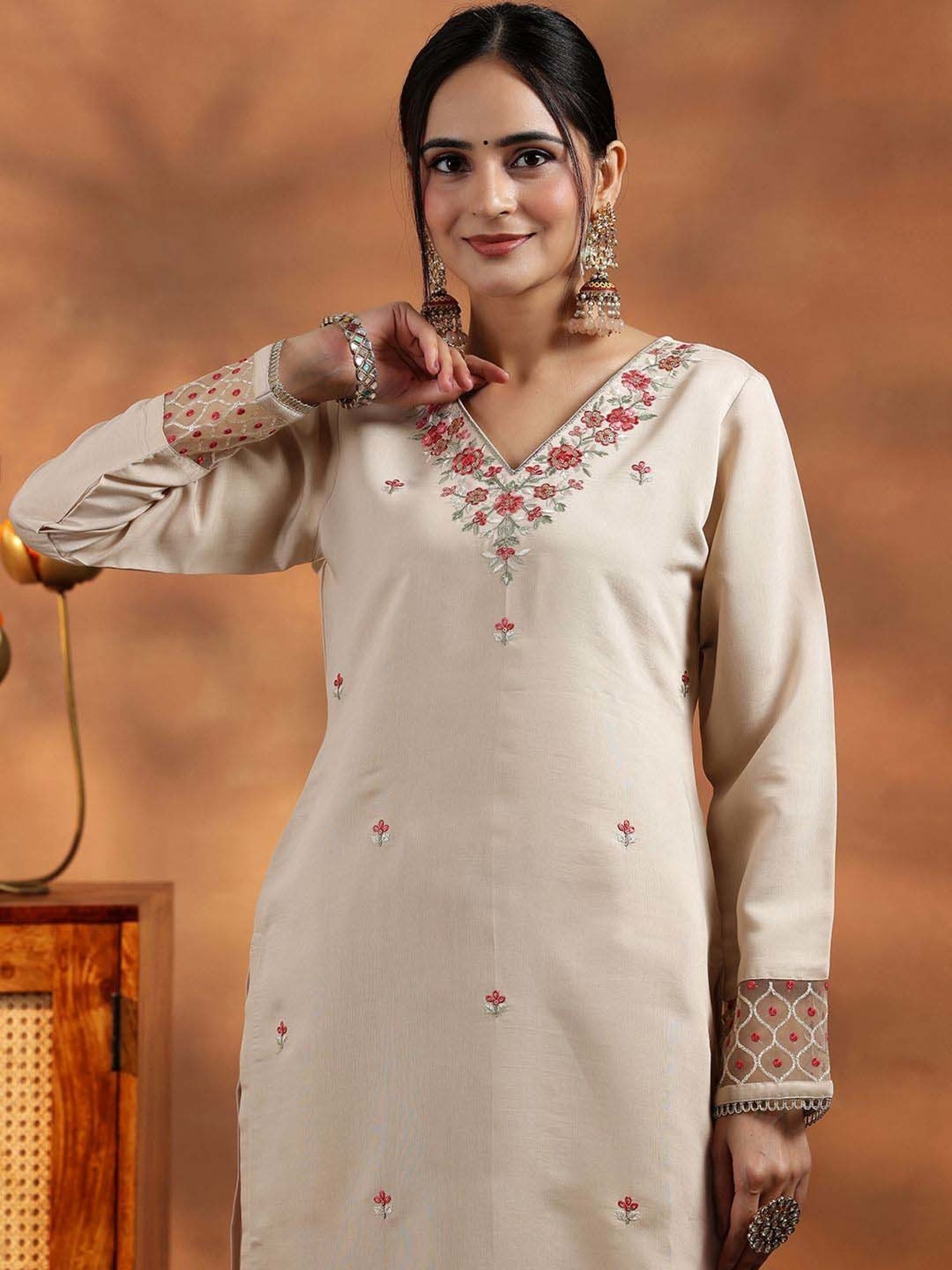 Libas Beige Embroidered Kurta Pant Set With Dupatta