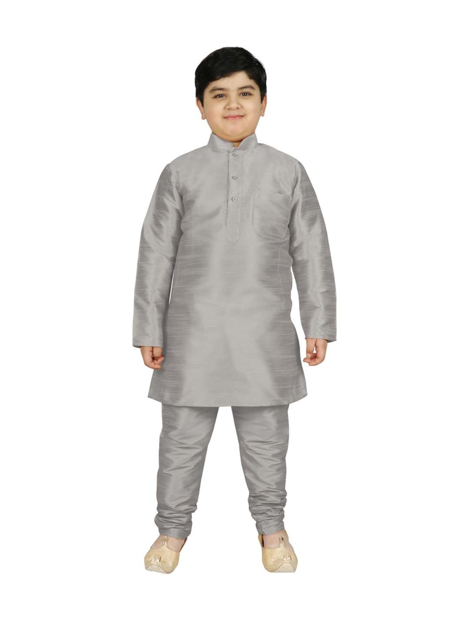 SG Yuvraj Kids Peach & Grey Textured Pattern Full Sleeves Kurta Set