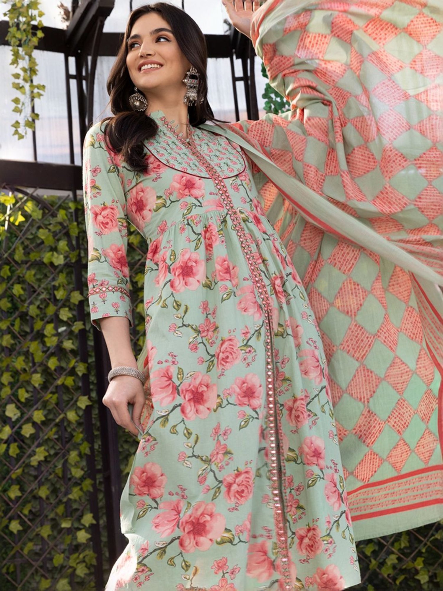 Ishin Green & Pink Floral Print Kurta & Pants Set with Dupatta