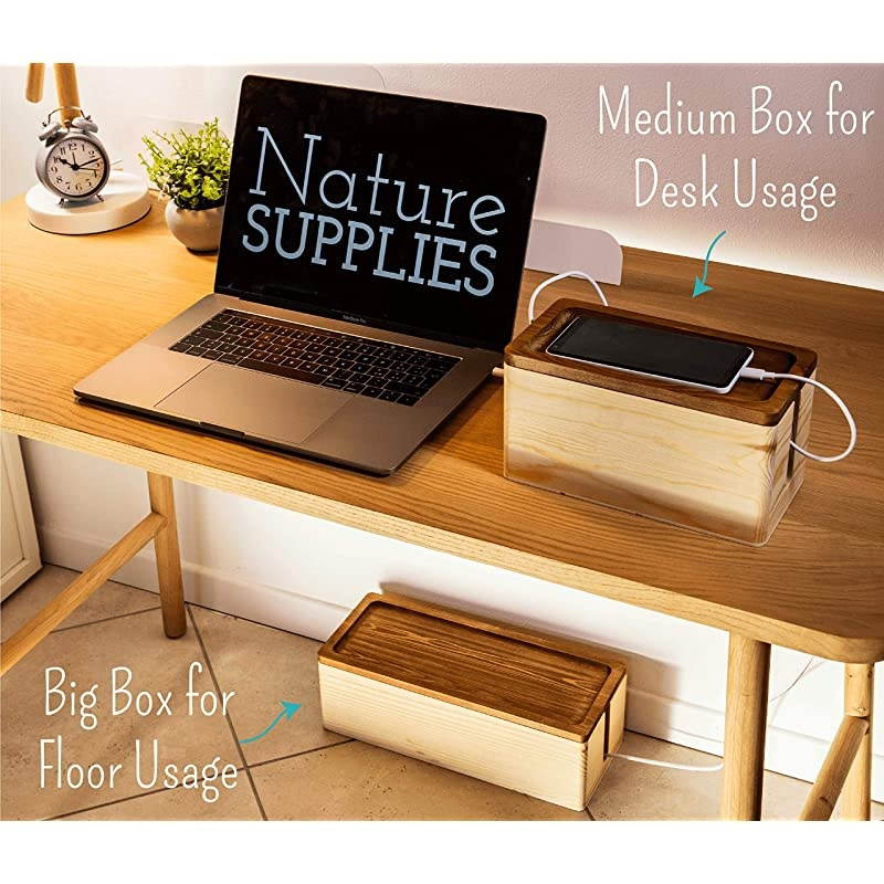 of Two Rustic Wooden Cable Management Box Cord Organizer Made of Real Wood Large Storage Holder for Desk TV Computer USB Hub System to Cover and Hide amp Power Strips amp Cords Natural Wood
