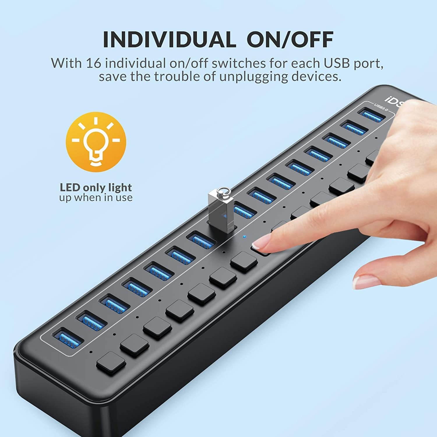 iDsonix USB 3.0 Hub 16-Port 12V / 6.5A Powered USB Hub with Individual Switches 5Gbps High Speed Transfer BC1.2 (5V2.4A) Fast Charge USB Splitter for Laptop PC HDD SDD and More -Black