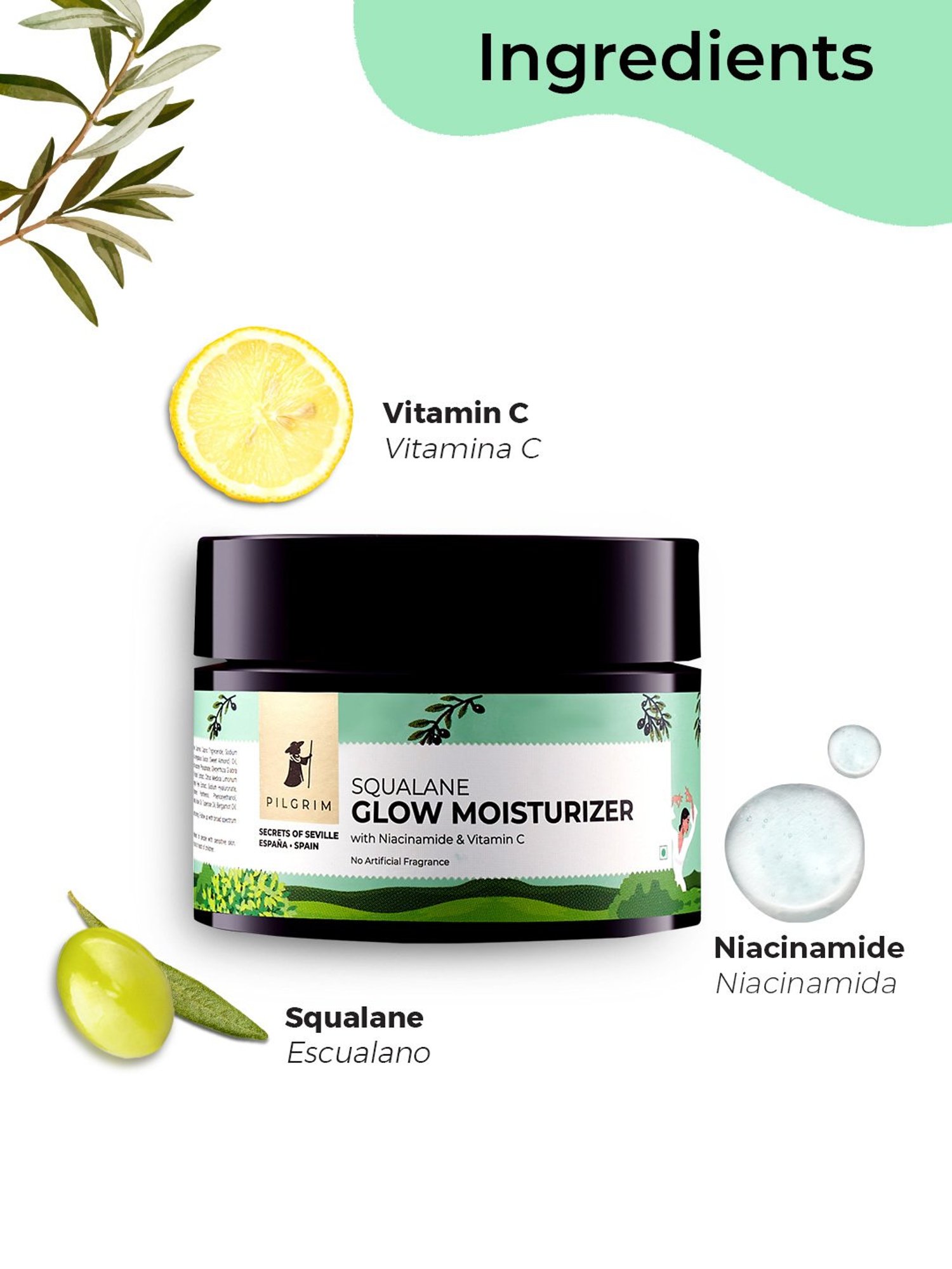 Pilgrim Squalane (Plant derived) Glow Moisturizer with Niacinamide & Vitamin C - 50 gm
