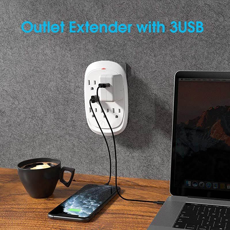 ON USB Wall Tap Surge Protector with 6 outlets 3 USB 34A Output Portable WallMount Socket 300J Surge Protection  Charging for Home Office Kitchen Travel White