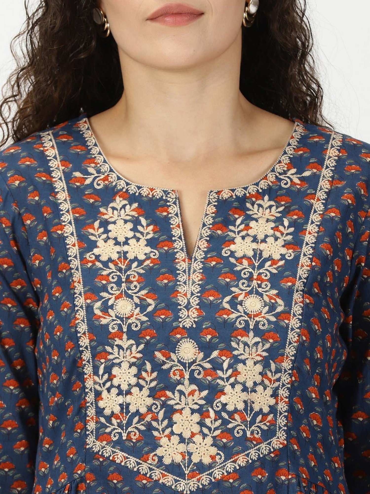 Saffron Threads Blue Cotton Floral Print A Line Kurta