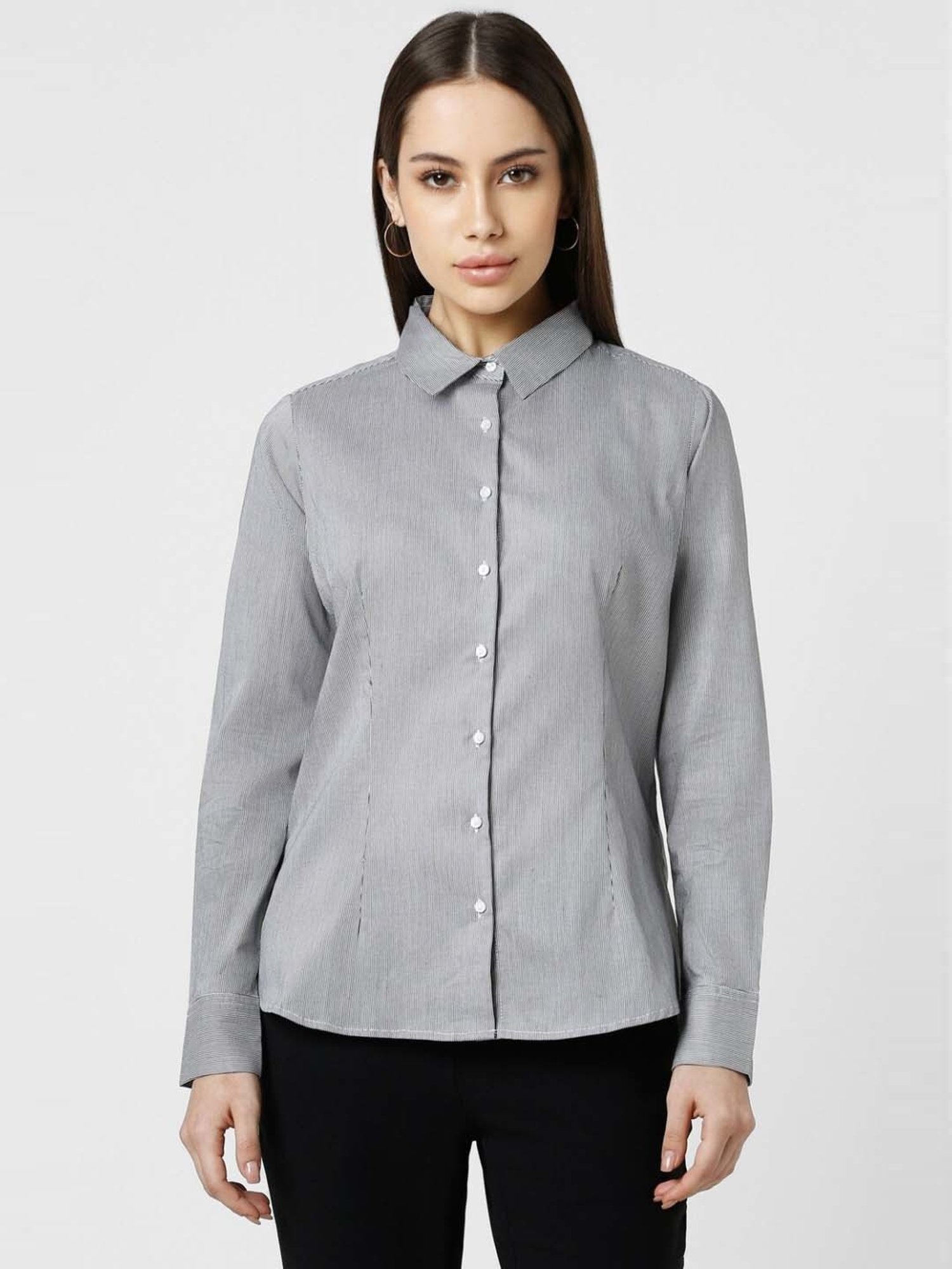 Van Heusen Grey Cotton Striped Formal Shirt