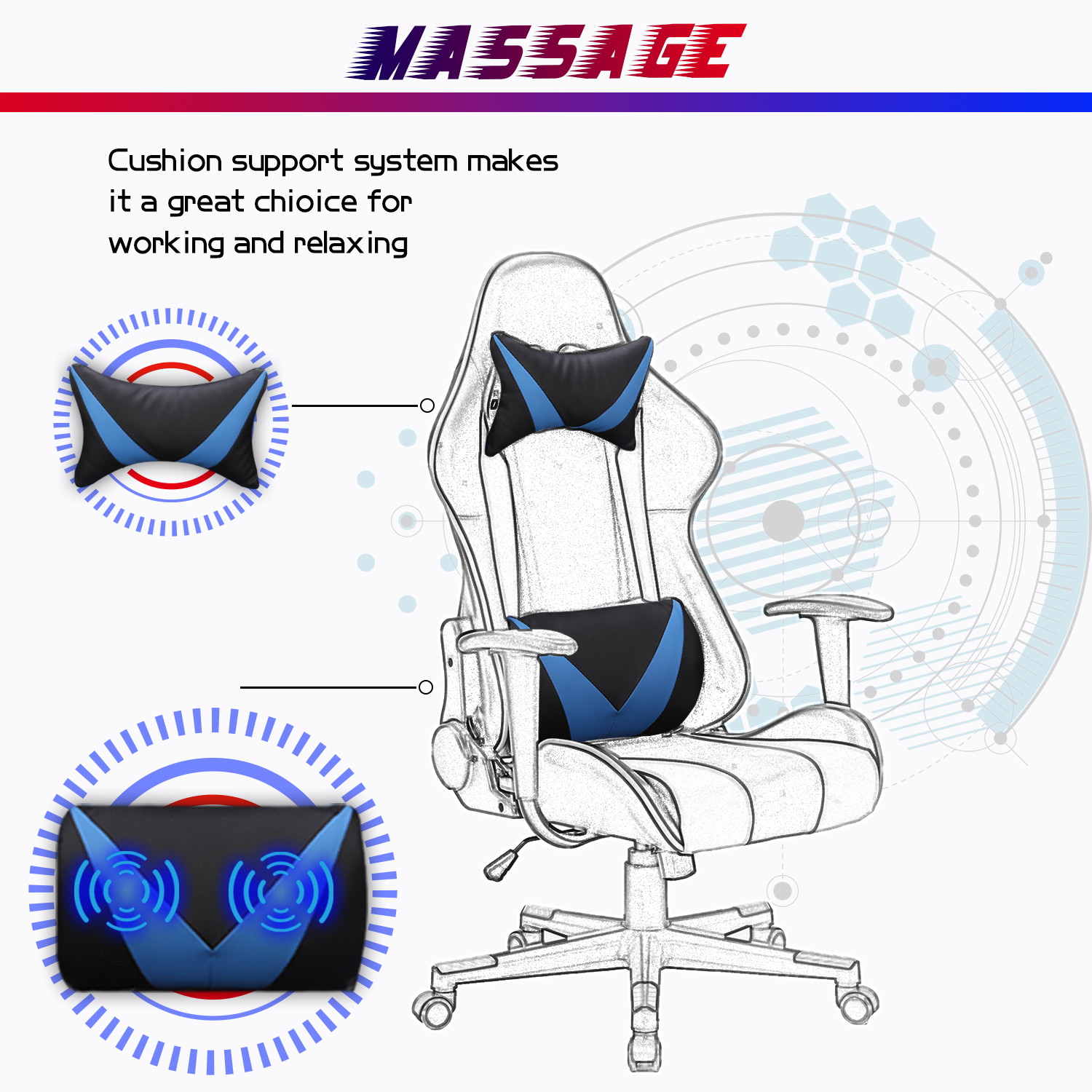 Racing Style Ergonomic Computer Gaming Chair Massage Chair with High-Back Swivel PU Leather, Seat Height Adjustable, and Lumbar & Head Support