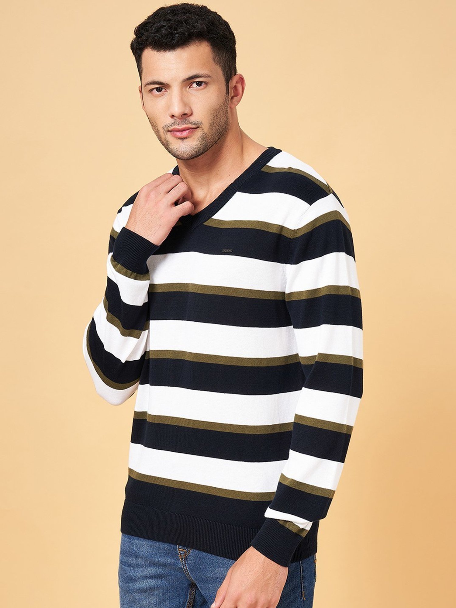 Byford by Pantaloons Multi Cotton Slim Fit Striped Sweater