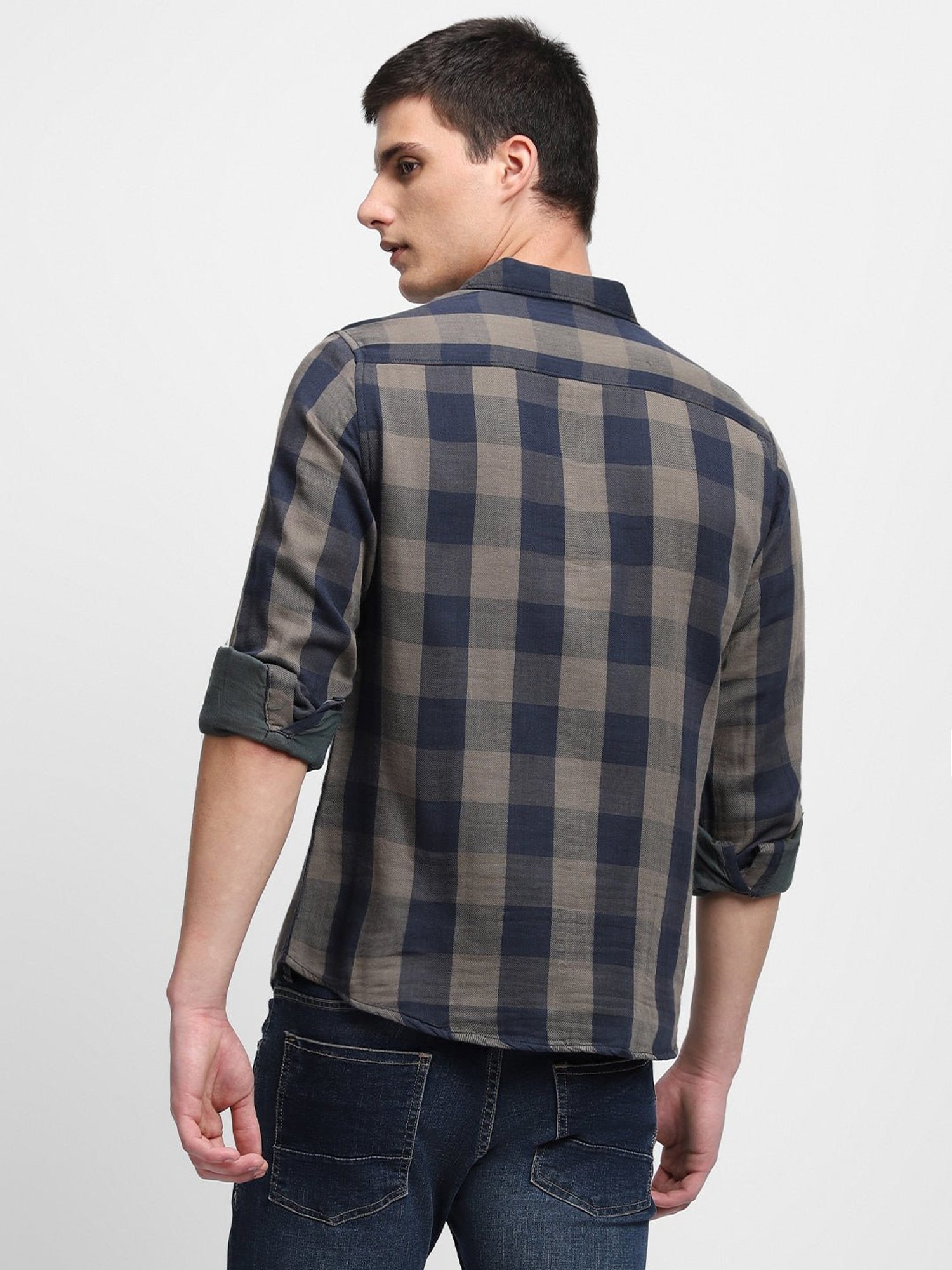 Dennis Lingo Green & Blue Cotton Slim Fit Checks Shirt