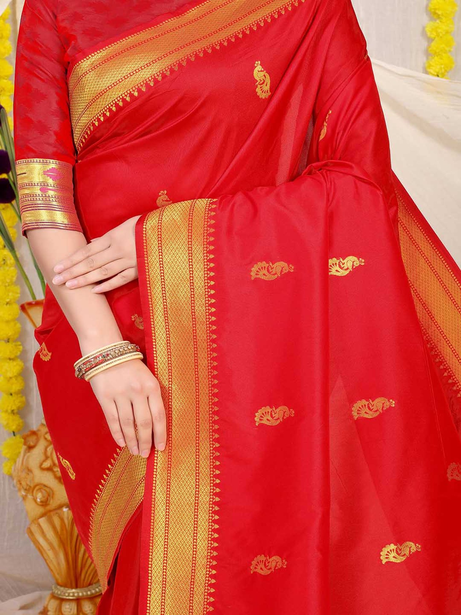 SHUBHKALA Red Silk Woven Saree With Unstitched Blouse