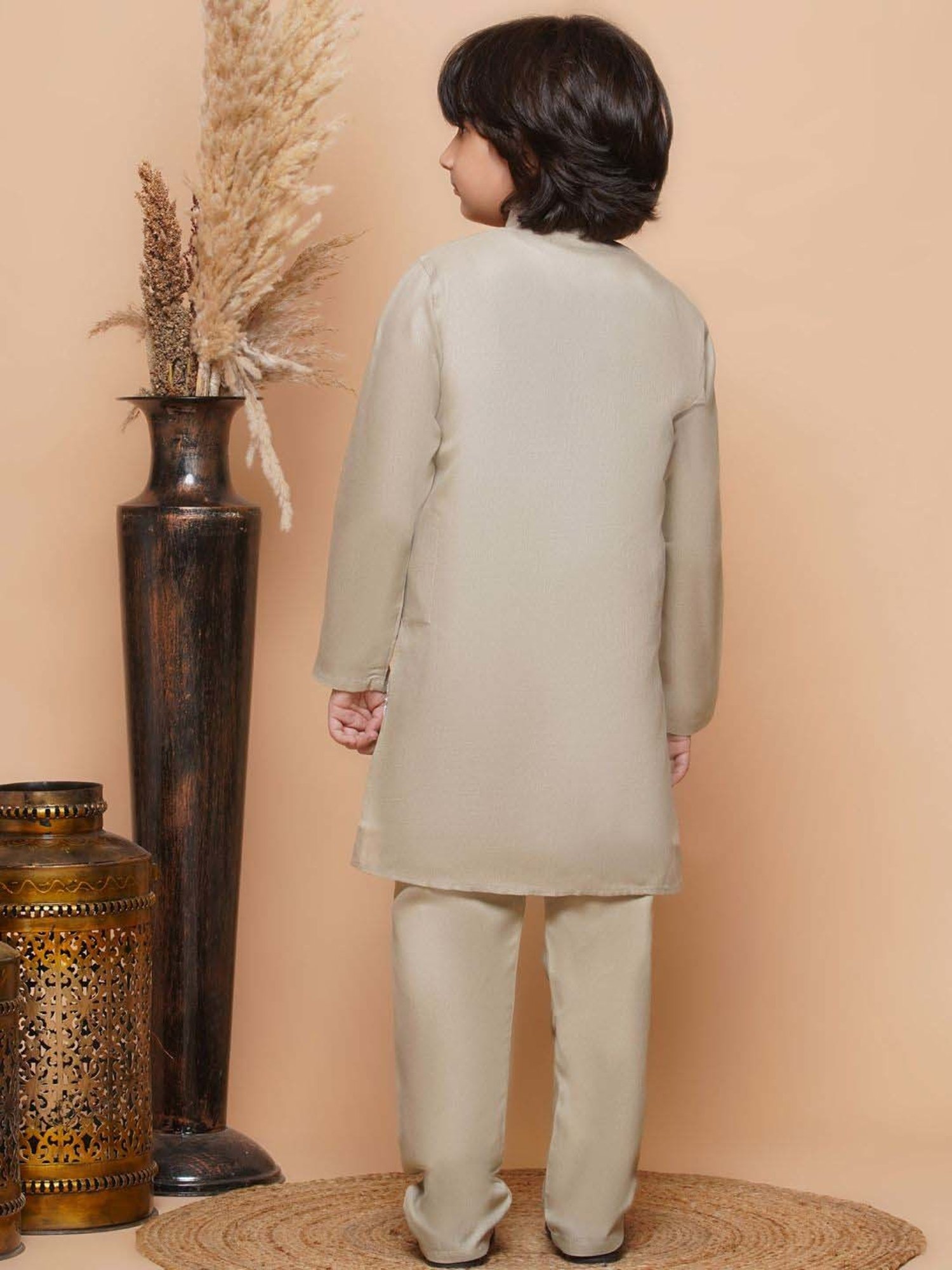 AJ Dezines Kids Pista Green Cotton Embroidered Full Sleeves Kurta Set