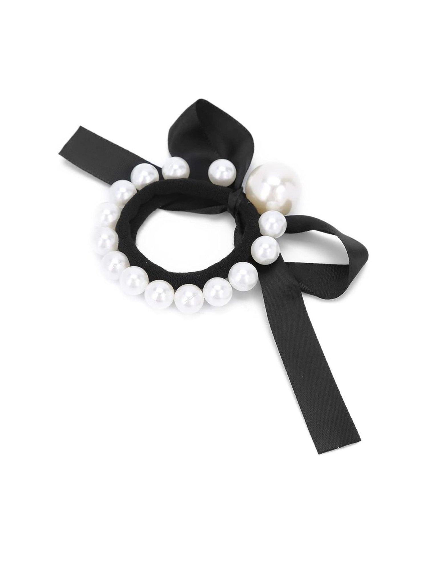 OOMPH Combo of 2 Black Nylon Big Pearl Rubber Band Ponytail Holder Stylish Latest