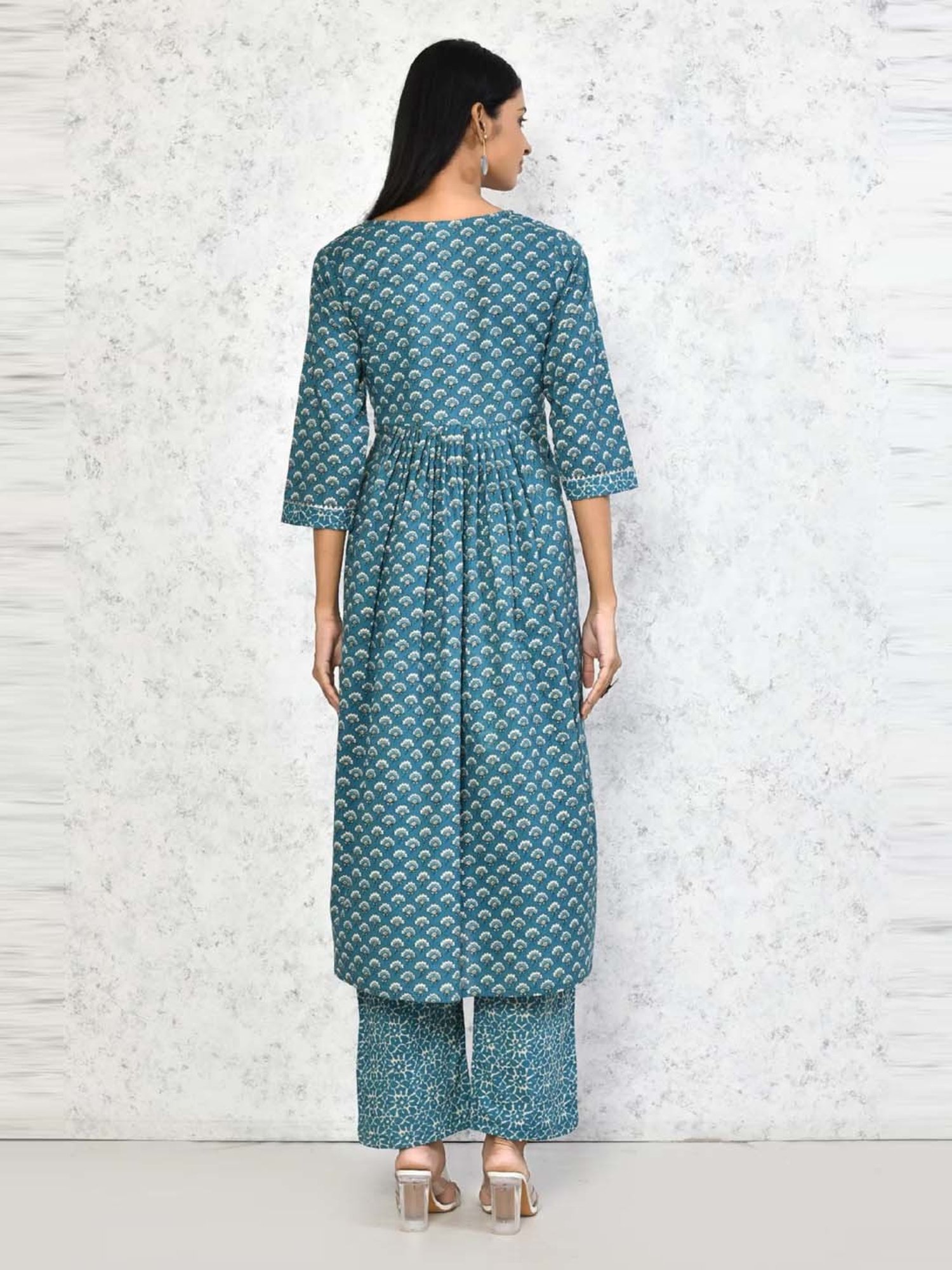 Miravan Blue Cotton Printed Kurta Palazzo Set