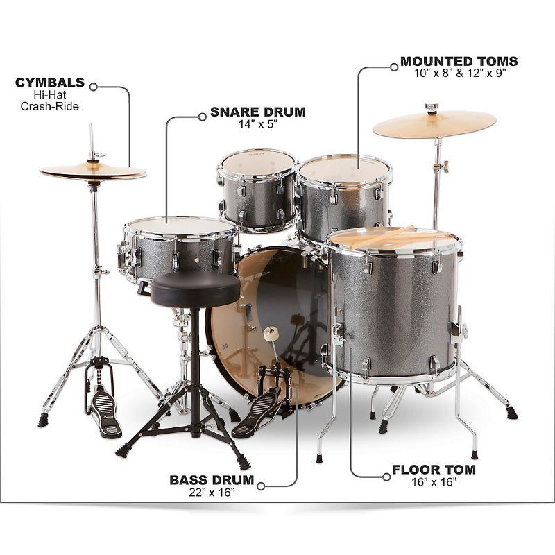 Ludwig Backbeat Complete 5-Piece Drum Set with Hardware and Cymbals Metallic Silver Sparkle