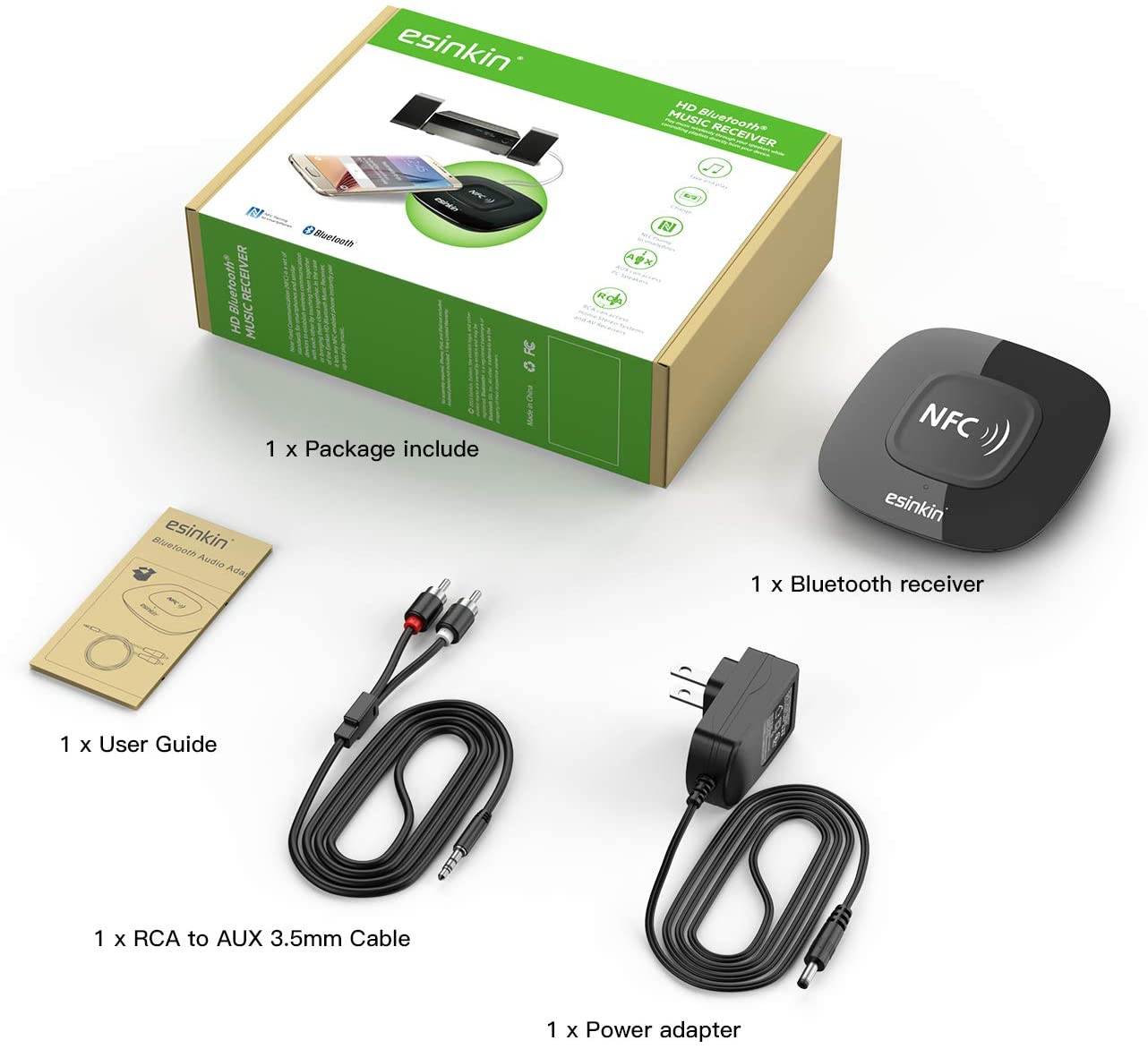 Bluetooth Receiver Wireless, NFC-Enabled Audio Adapter 4.0 for HD Home Stereo Music Streaming Sound System for 3.5mm (AUX and RCA)