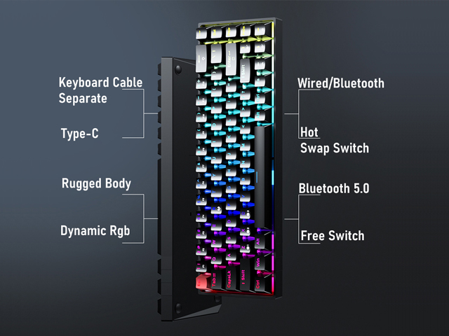Aula F3068 68 Keys Bluetooth+Wired Dual Mode RGB Mechanical Keyboard Hot Swappable Switch Full keys Anti-ghosting Cool Backlight Effect for Pc Laptop Offical Computer