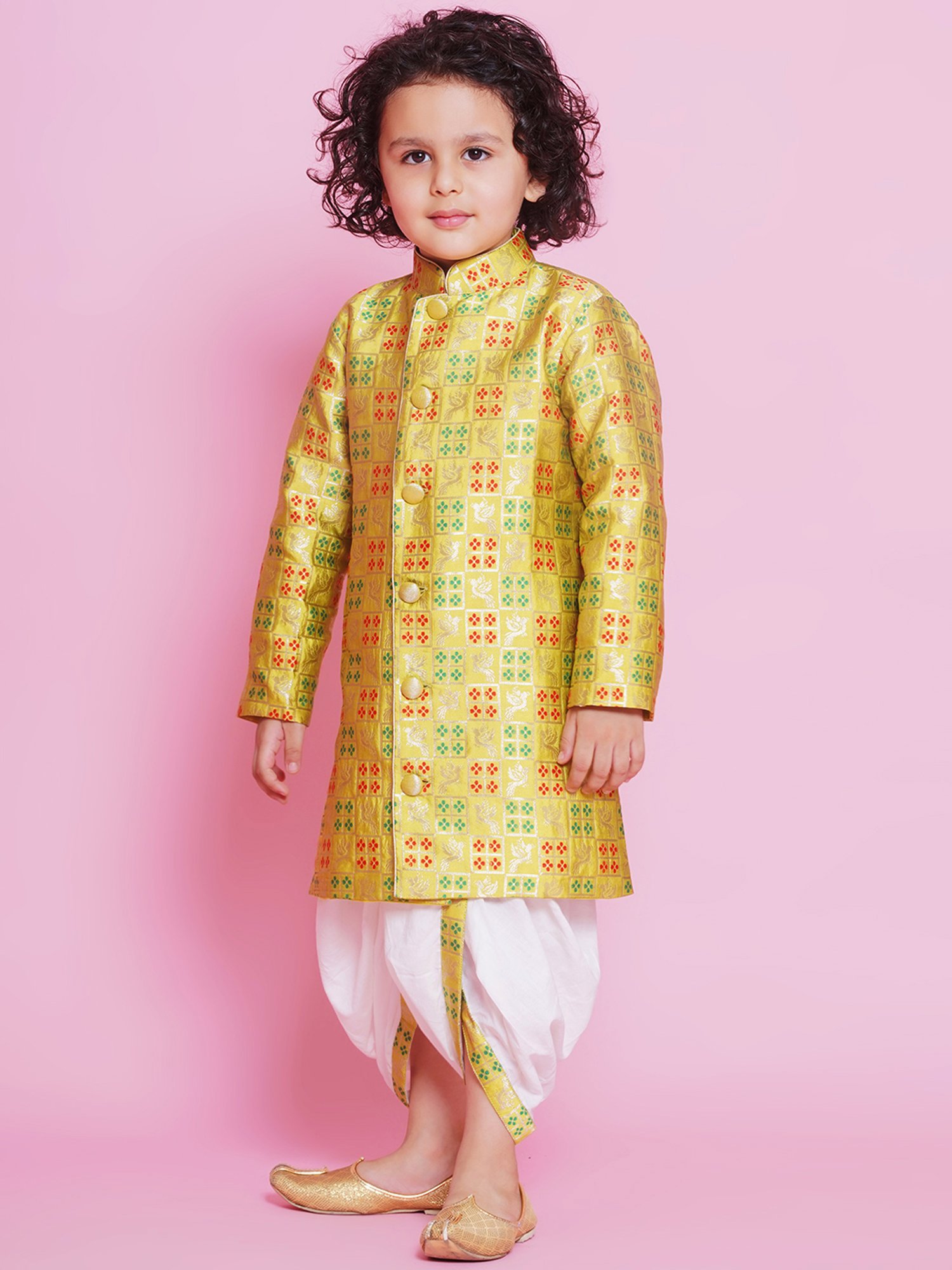 Little Bansi Kids Green & White Self Design Full Sleeves Sherwani with Dhoti
