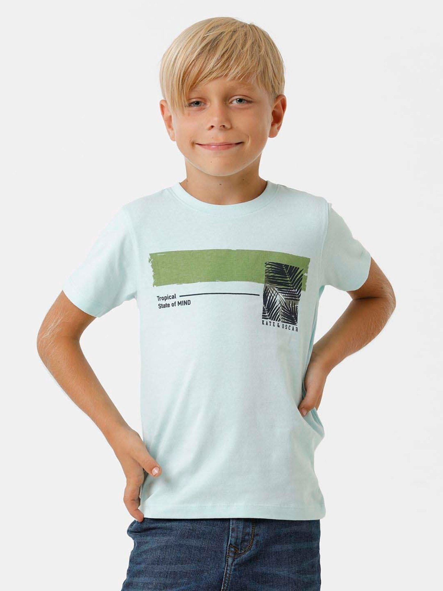 Kate & Oscar Kids Blue & Green Cotton Printed T-Shirt