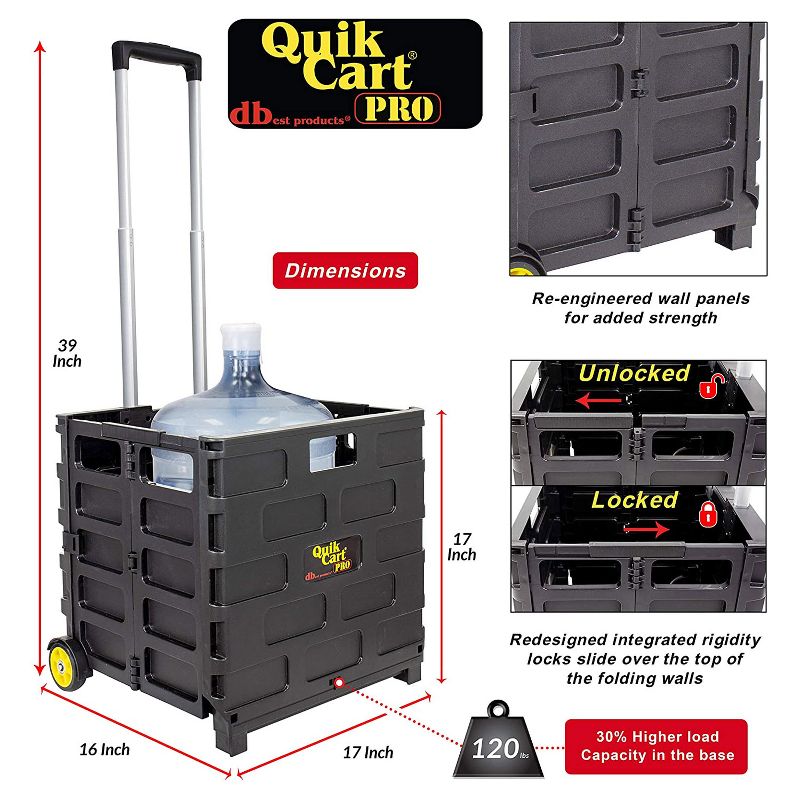 dbest products Quik Cart Pro 2 Wheeled Collapsible Handcart Dolly Storage Grocery Shopping Utility Cart with Lid, Seat, and Stool Functions, Yellow