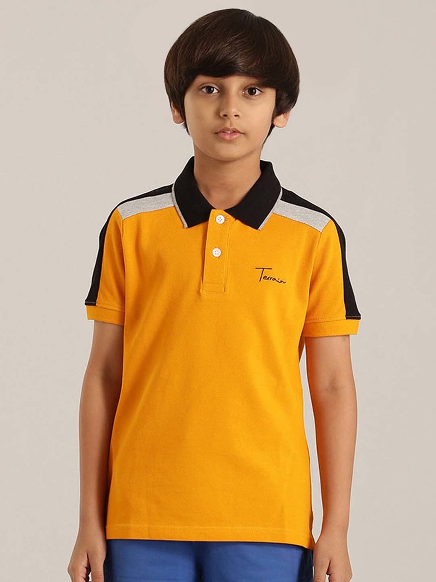Indian Terrain Kids Yellow & Black Cotton Printed Polo T-Shirt