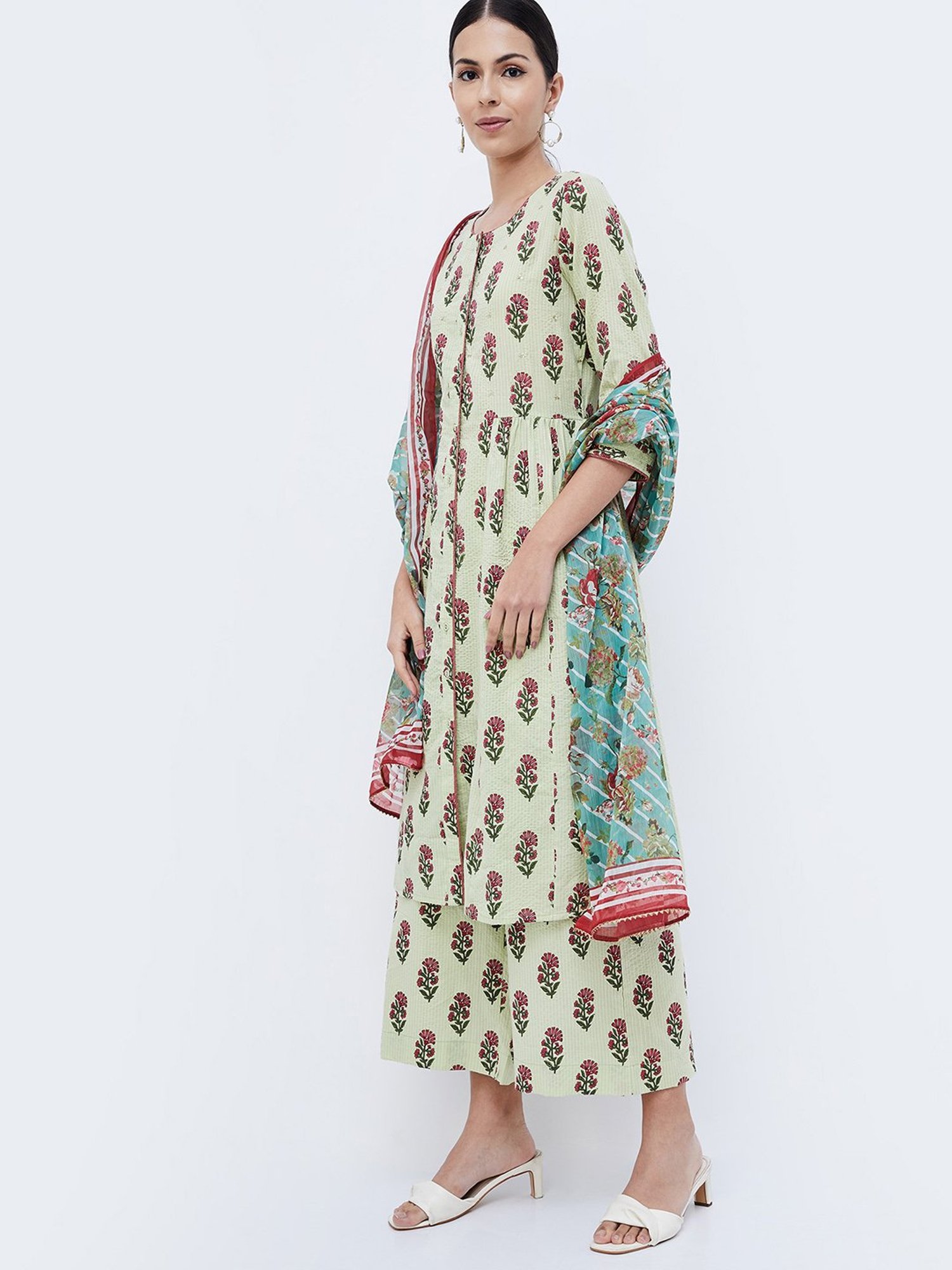 Melange by Lifestyle Sea Green & Pink Floral Print Kurta With Pants