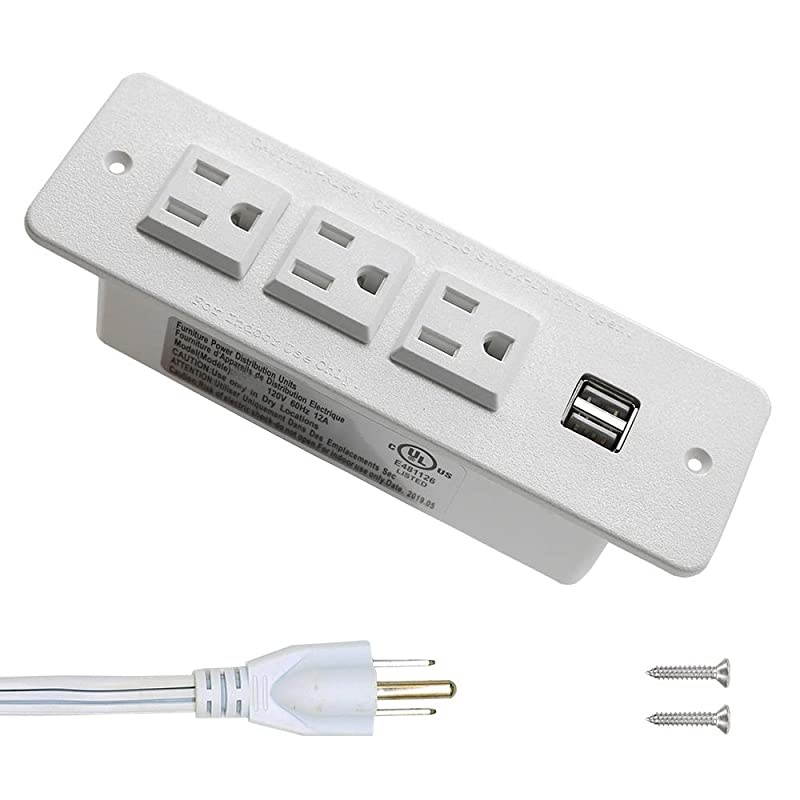 Recessed Power Strip with USB Mountable Power Outlet Built in Desktop Workbench Drawer Cabinet 10'ft Heavy Duty Power Cord White