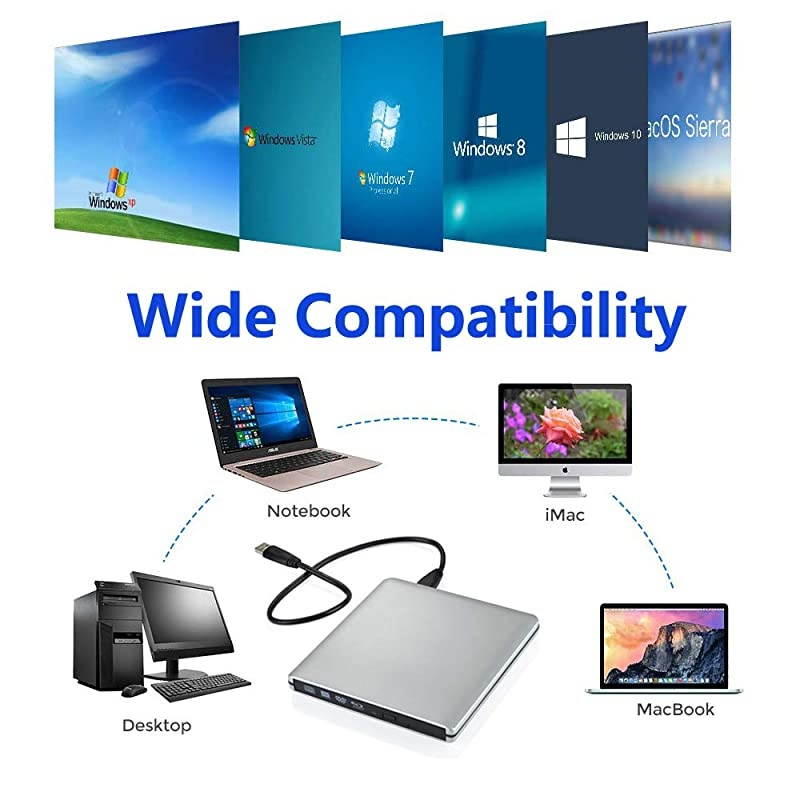 External 3D Blu Ray CD DVD Drive, Portable USB3.0 Blu Ray CD/DVD+/-RW Burner Player Writer Reader Rewriter for PC Netbook Laptop Desktop with Mac OS Windows XP/7/8/10/Vista-Silver